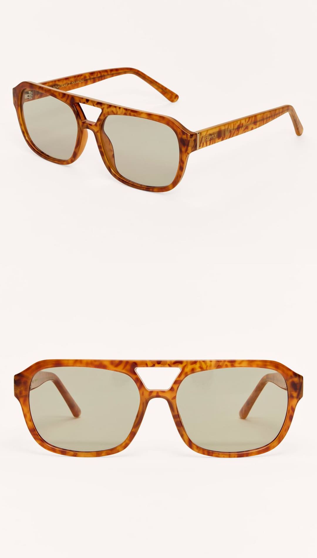 Tortoiseshell aviator sunglasses with gray lenses.