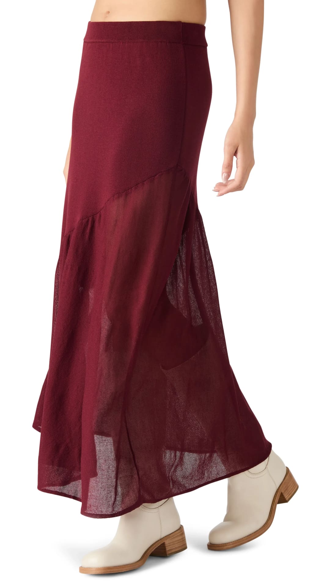 Maroon ankle-length skirt with a sheer overlay and ruffled hem.