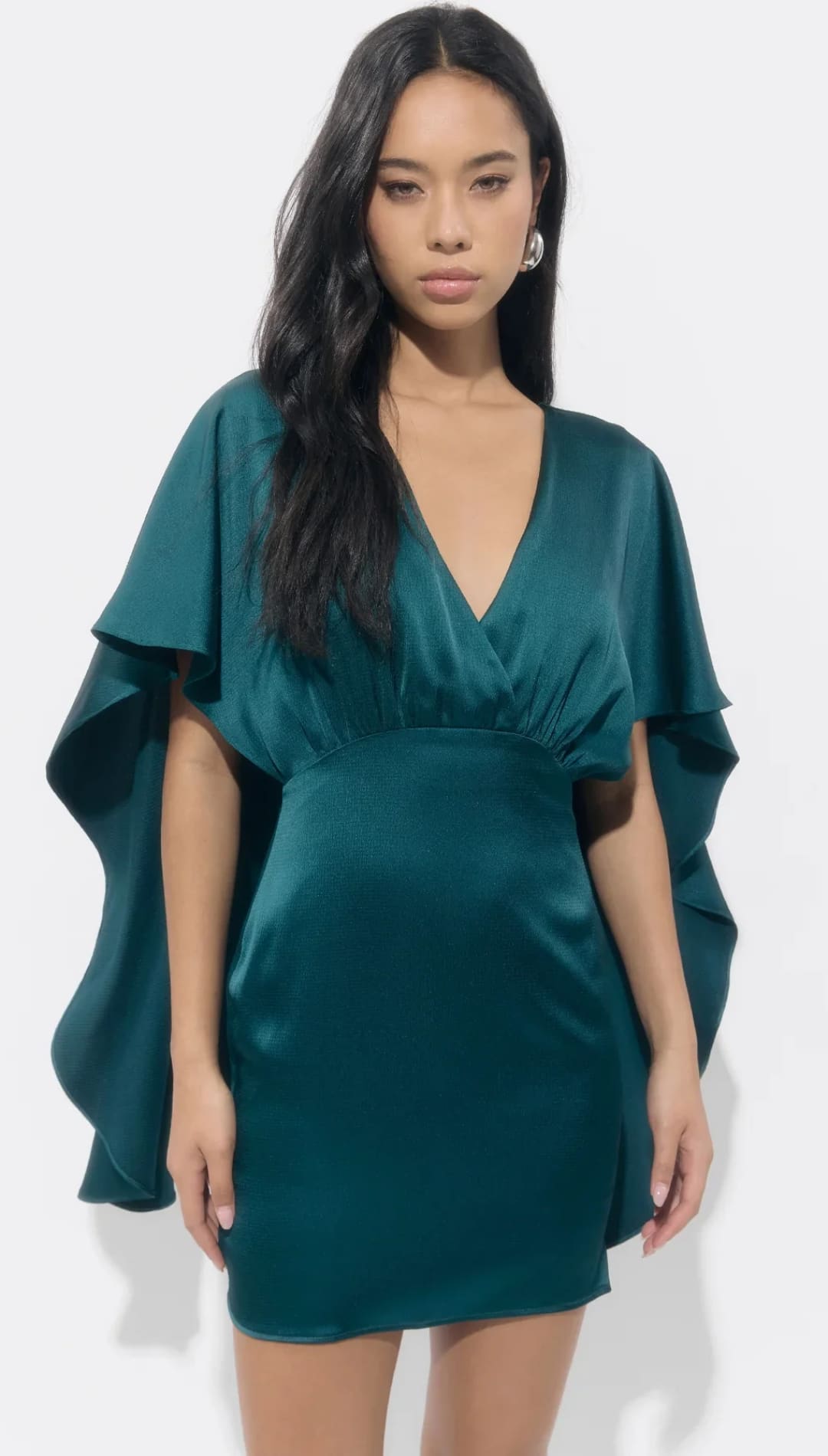 Green satin mini dress with ruffled sleeves and deep v-neck.