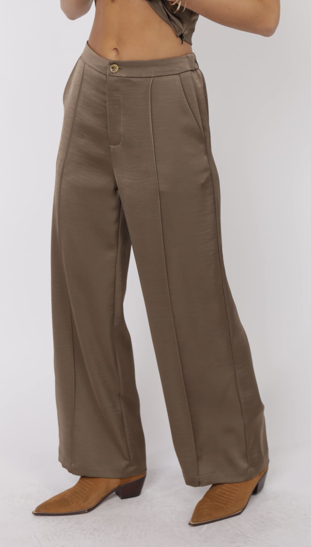Olive green wide-leg trousers with front seams and a single button closure.