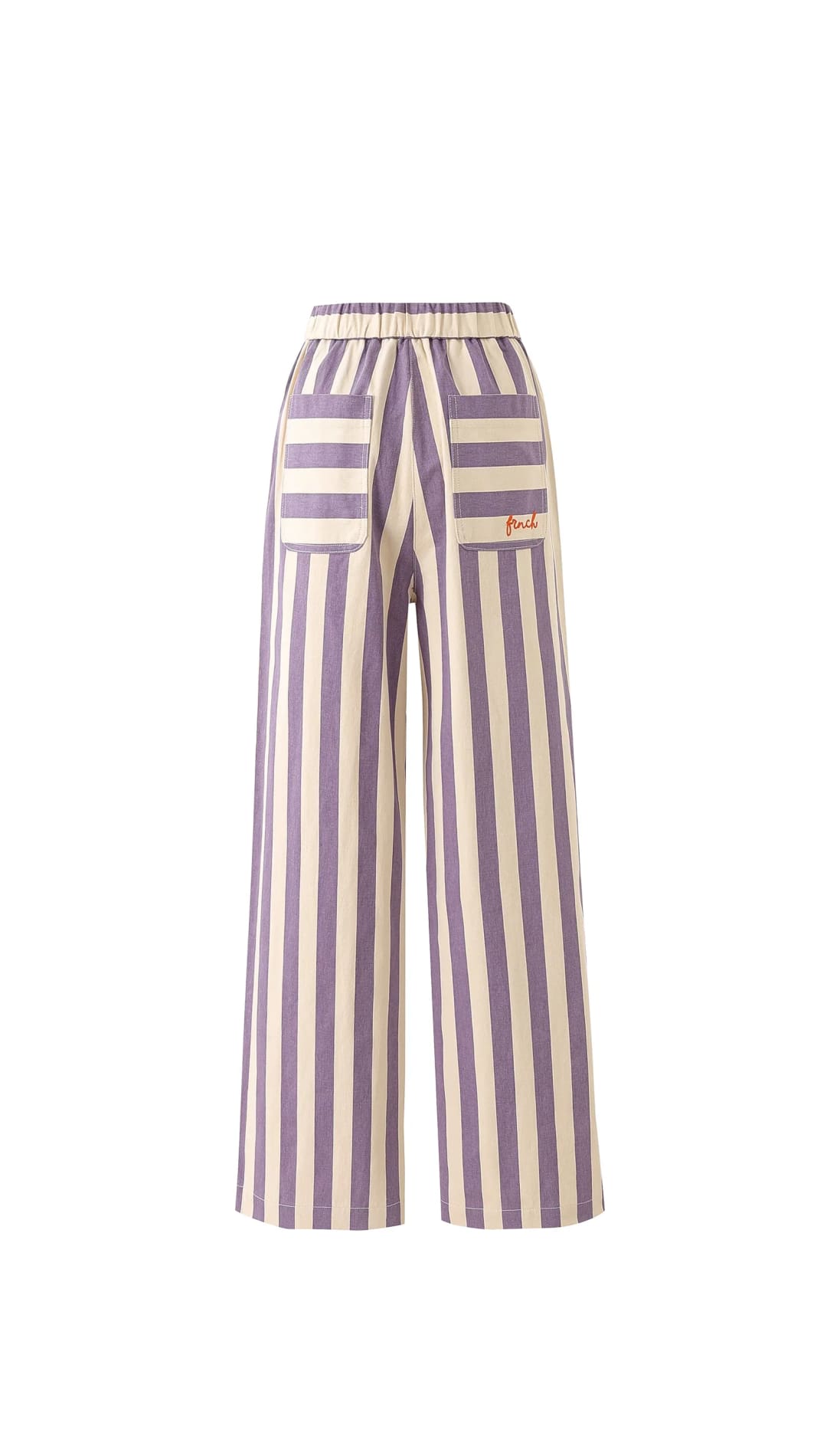 Purple and off-white striped wide-leg trousers with an elastic waistband and front pockets.