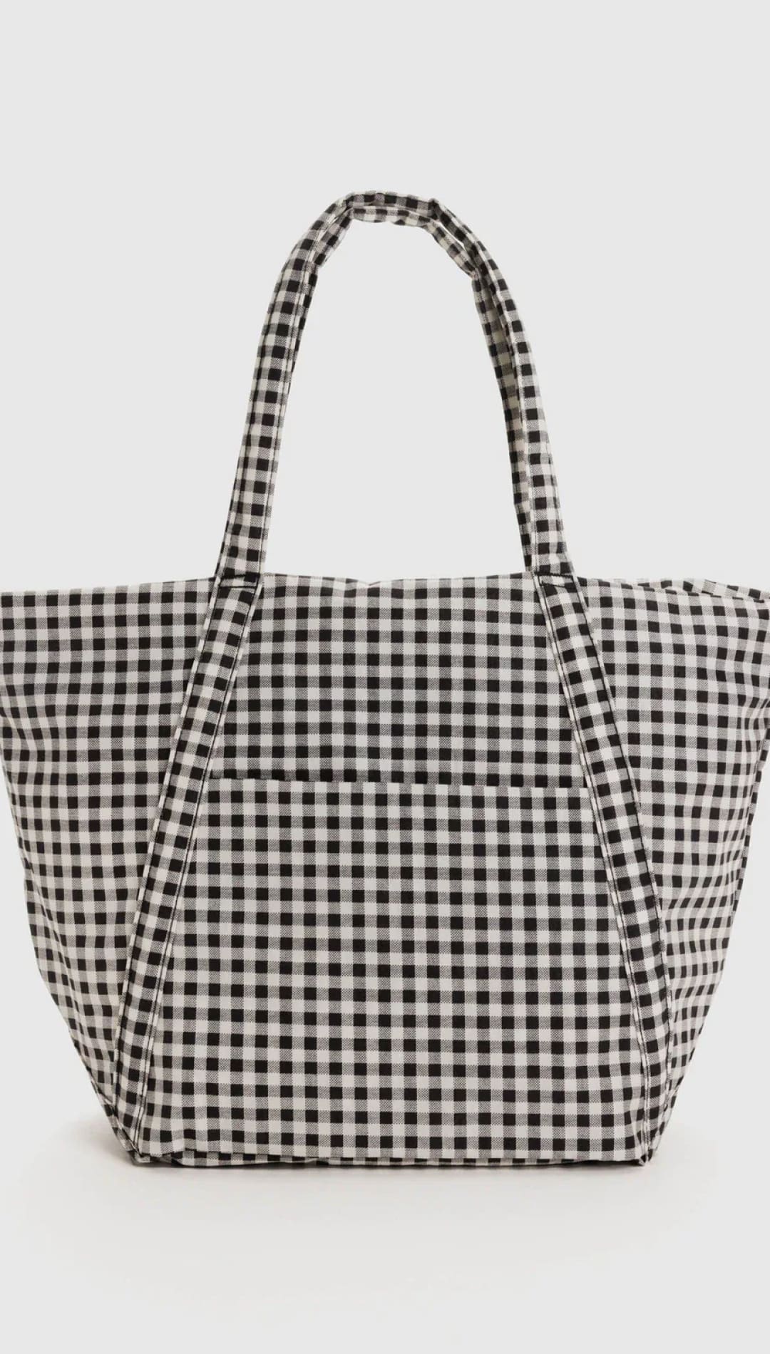 Black and white gingham tote bag with woven texture.