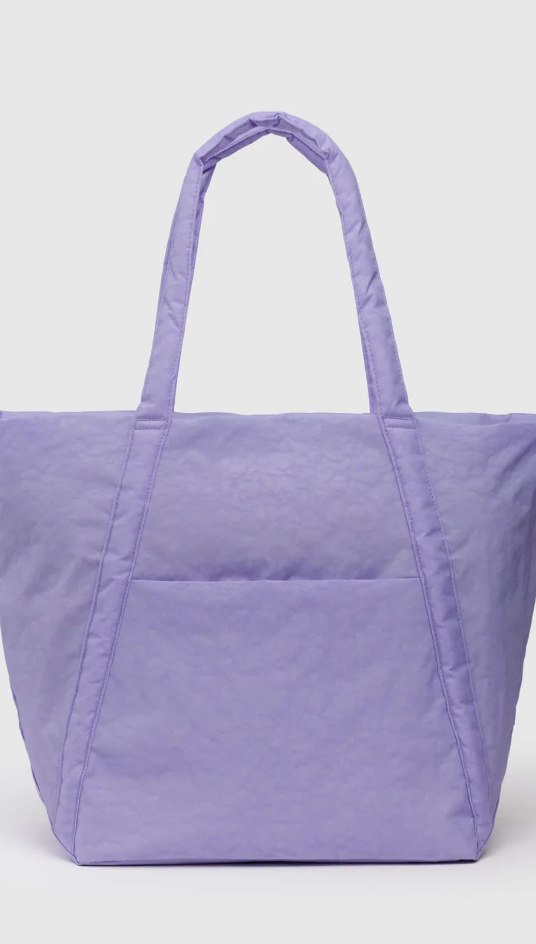 Lavender tote bag with two handles and a front pocket.