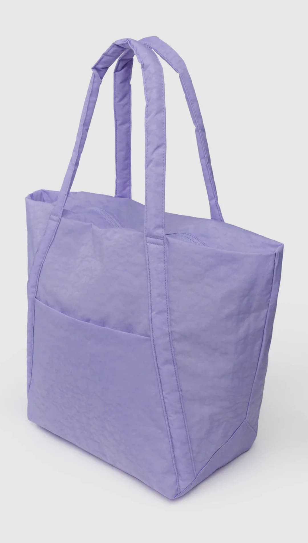 Lavender tote bag with white zipper and handles, nylon material.