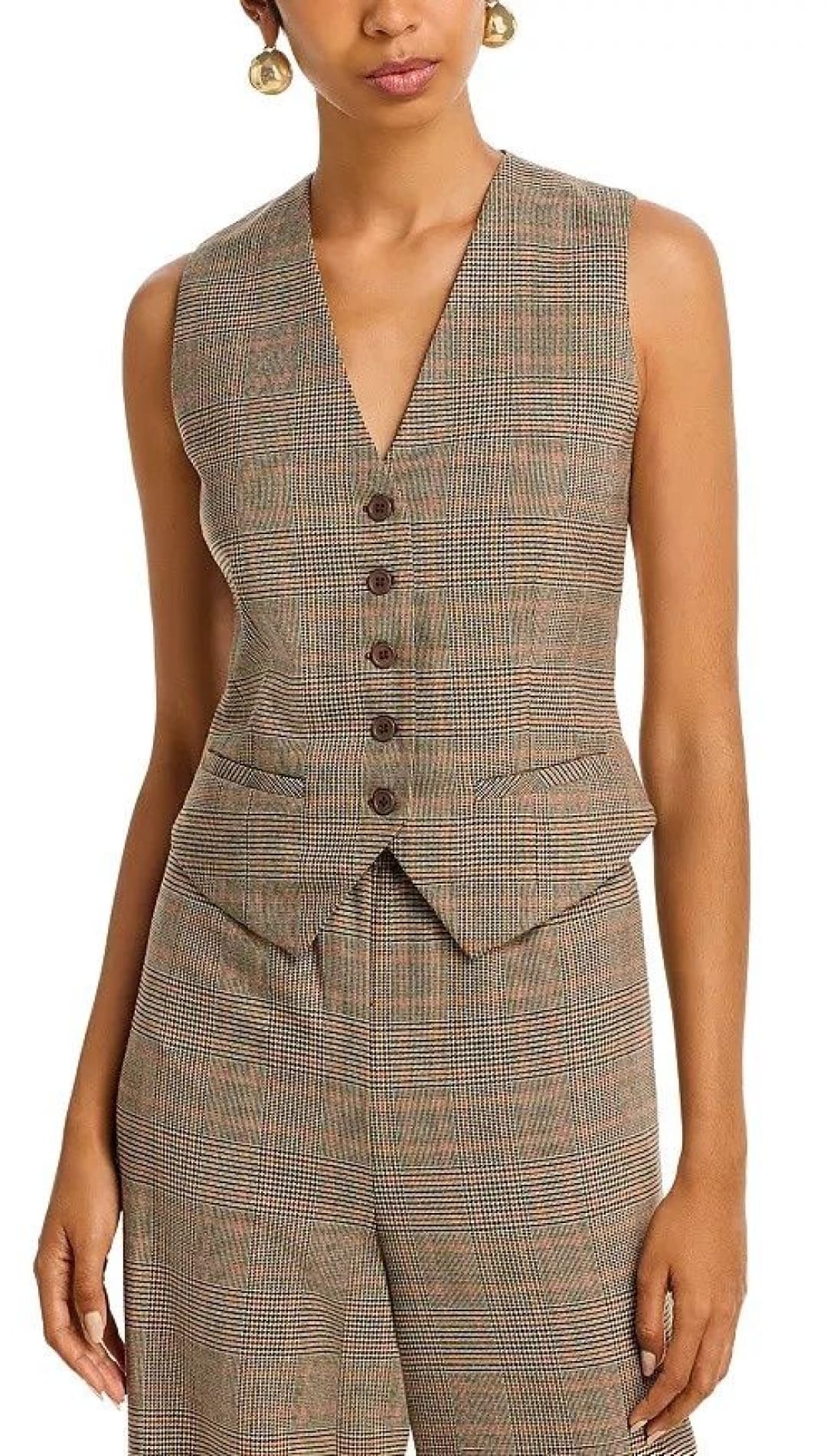 Women’s brown plaid sleeveless vest and matching wide-leg trousers.