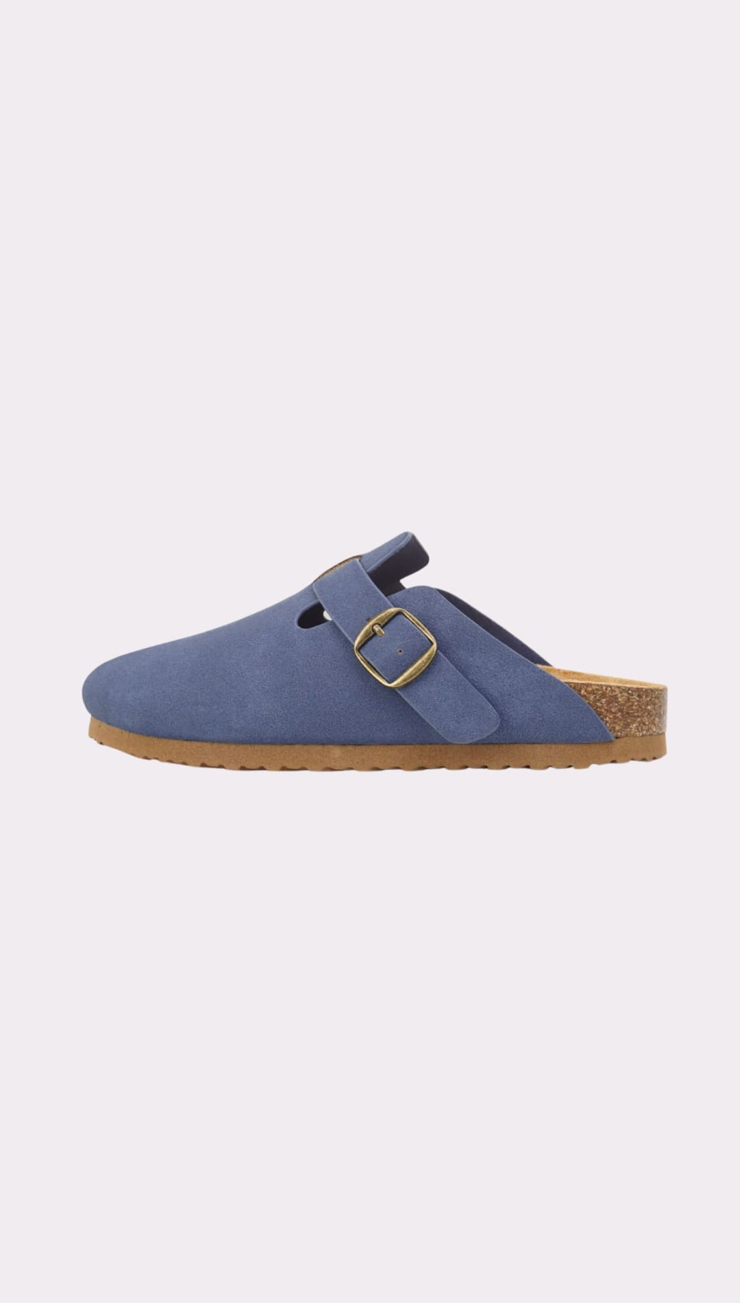 Blue clog with buckle.