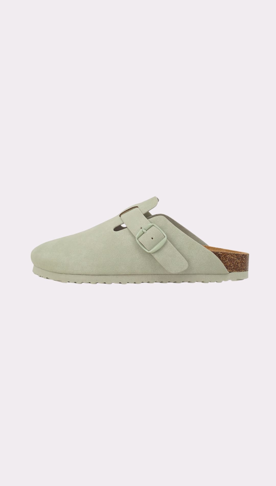 Light green clog with buckle.