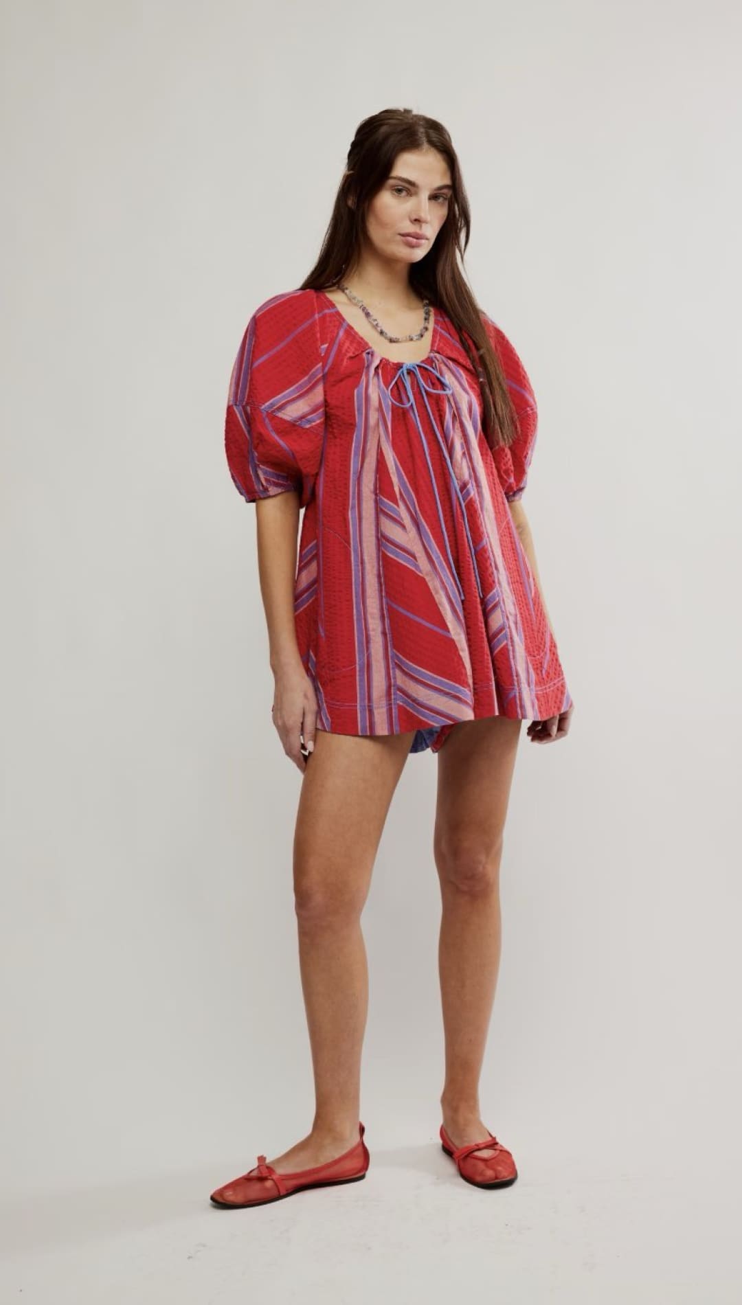 Red striped puff-sleeve dress.