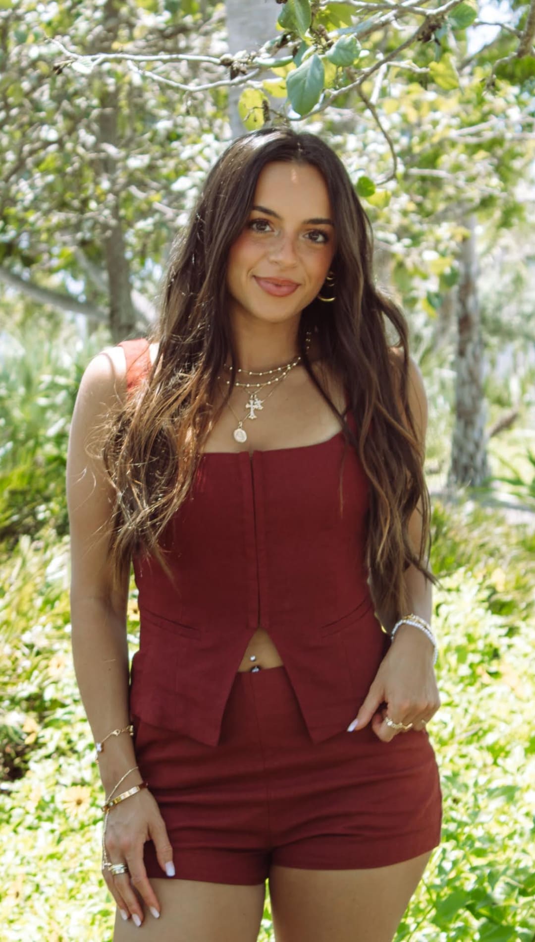 Burgundy two-piece shorts set.