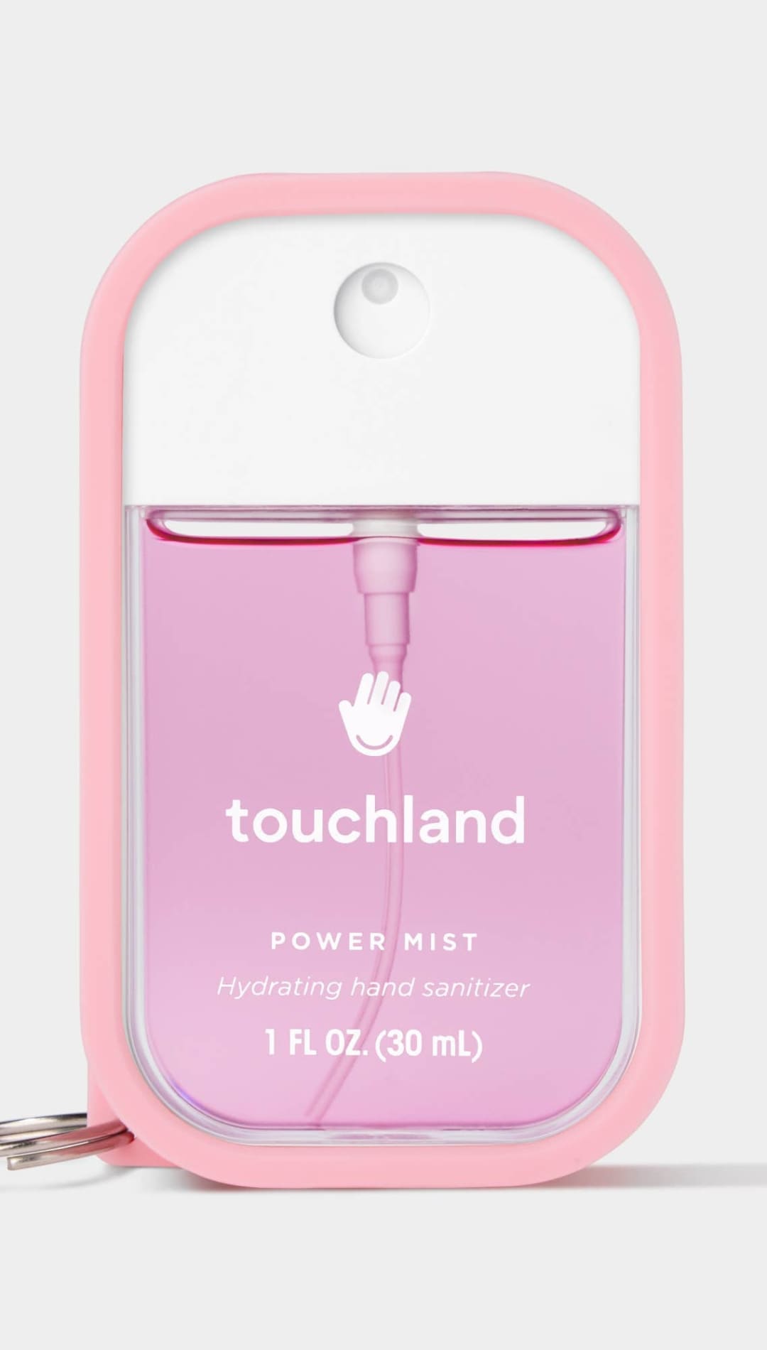 Pink and clear touchland power mist hand sanitizer with keychain.