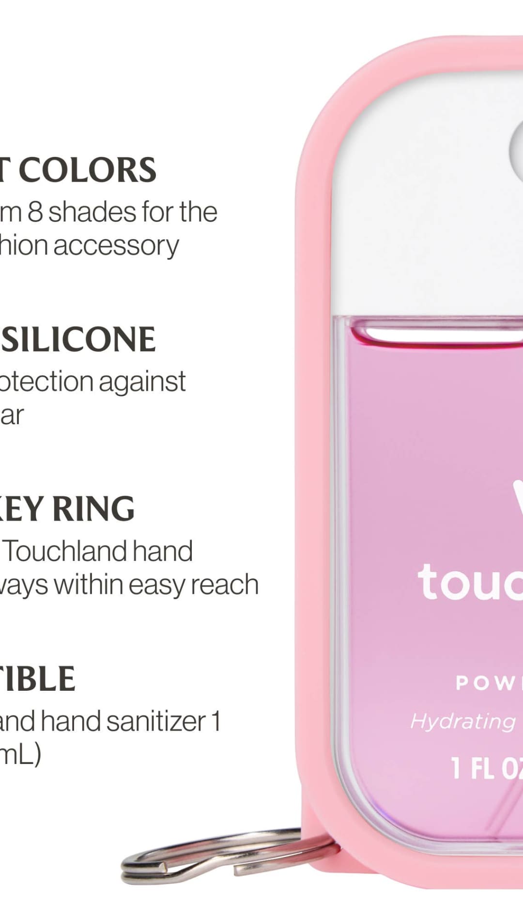 Pink silicone hand sanitizer case with metal key ring and clear lid, touchland brand.