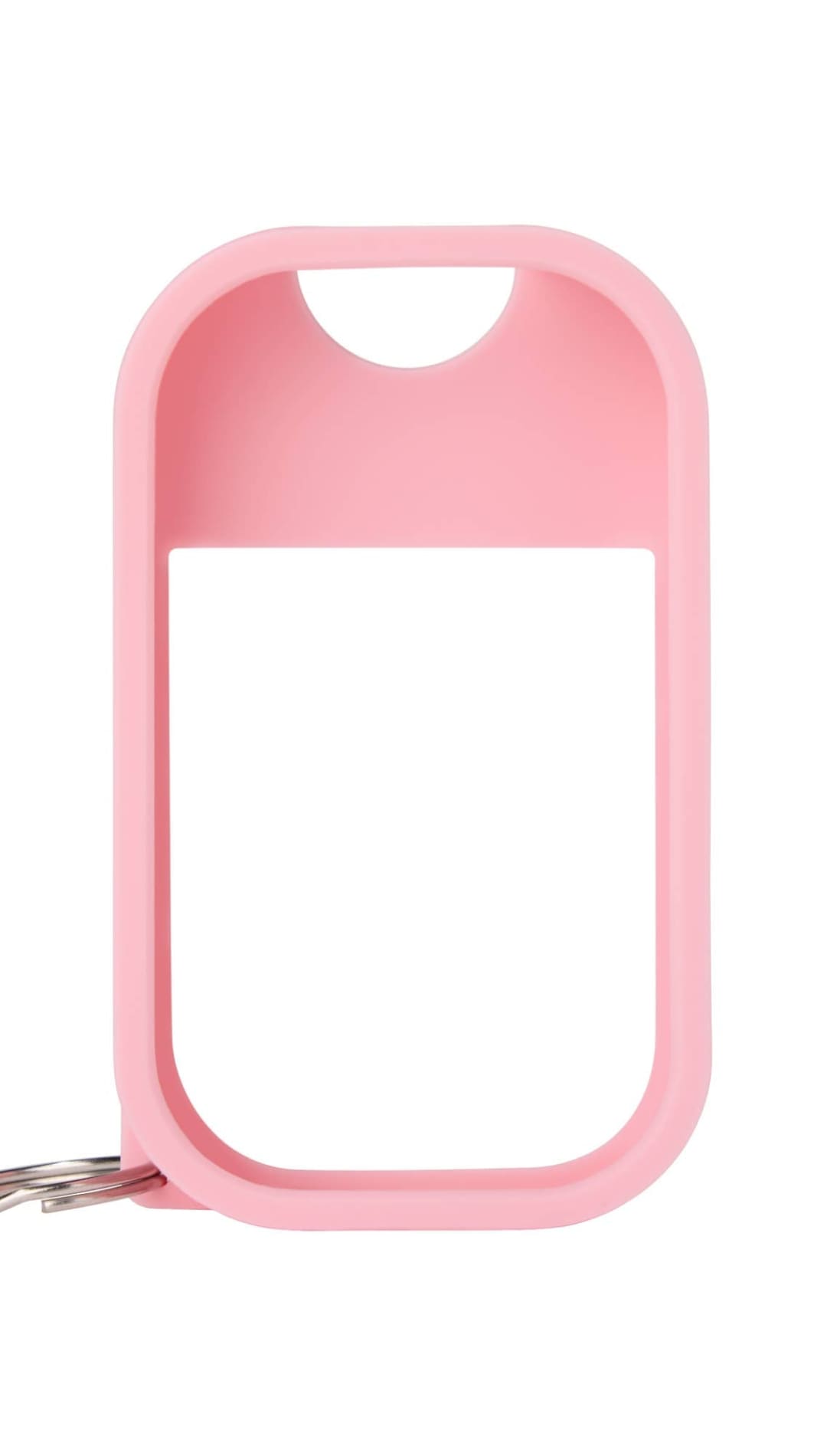 Pink silicone keychain holder with clear window and metal clip.