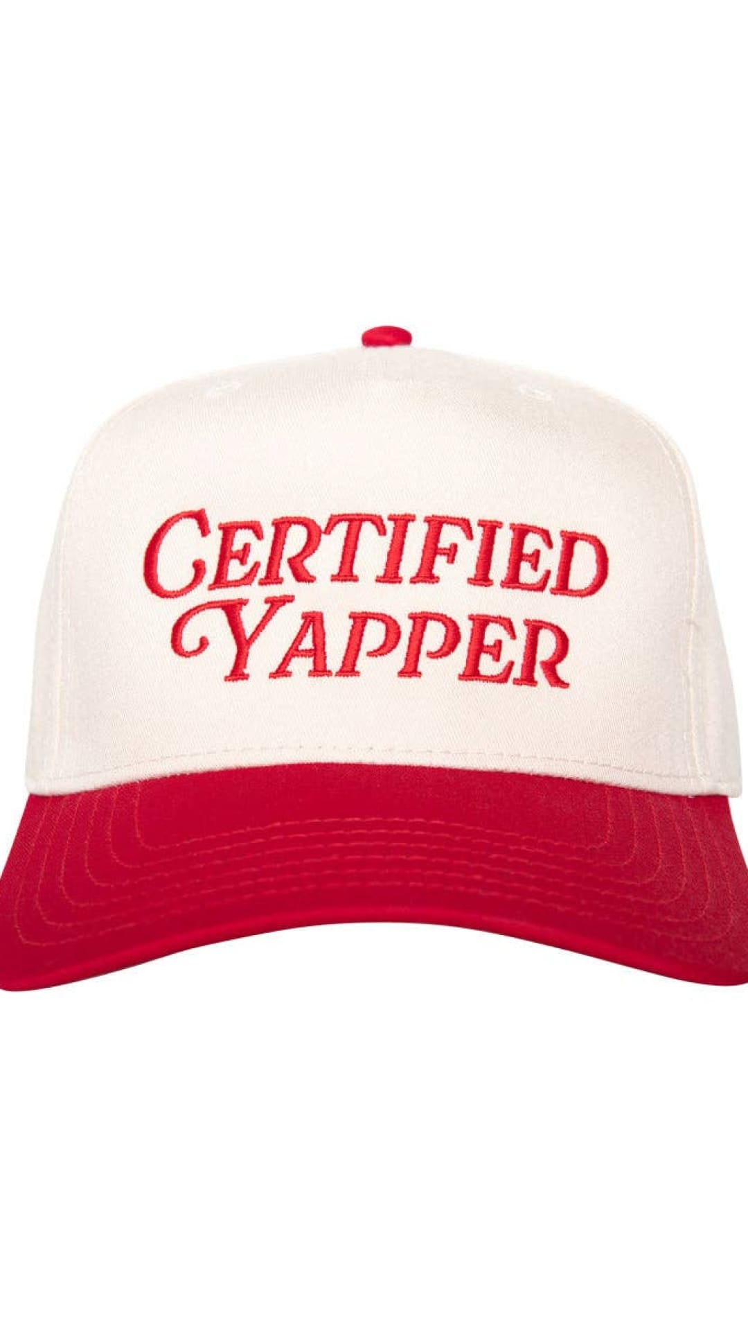 Cream and red trucker hat with ’certified yapper’ text in bold, capitalized font.