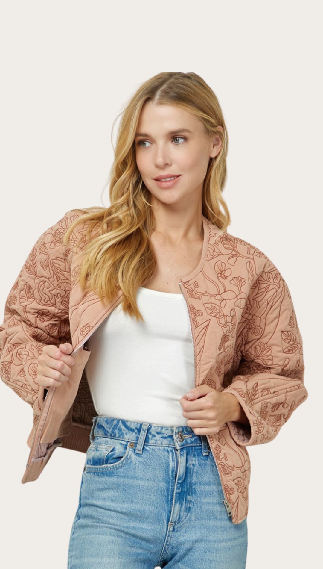 Floral-patterned quilted jacket.
