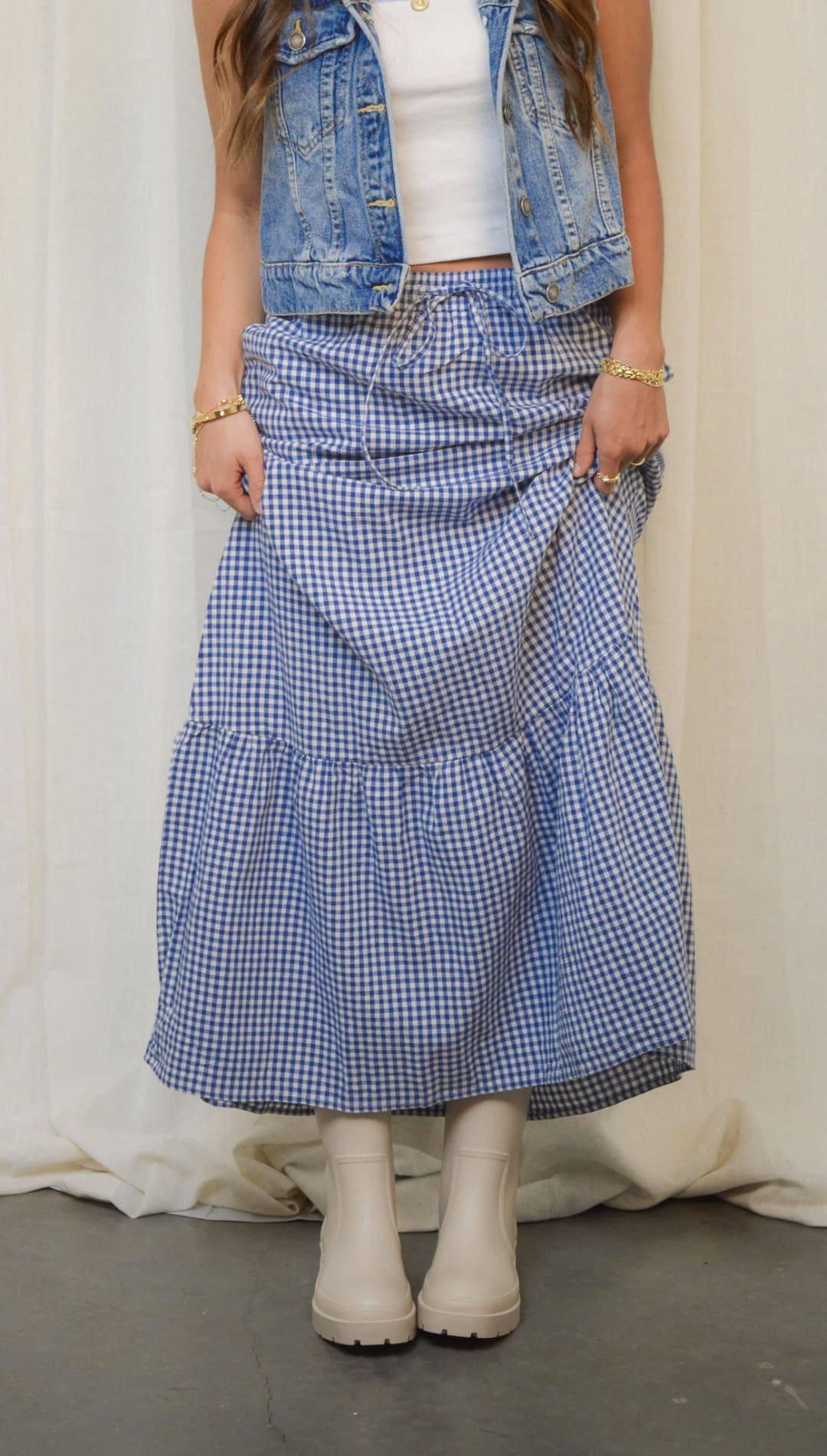 Blue and white gingham maxi skirt.