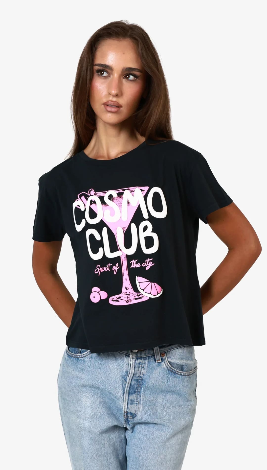 Black graphic t-shirt.