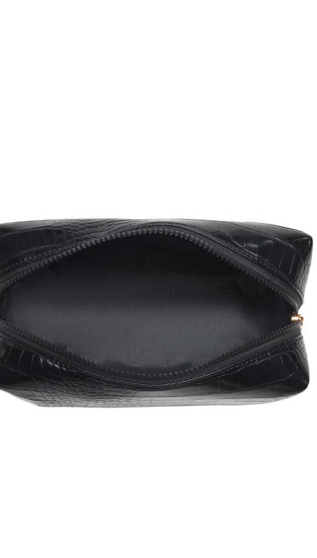 Black crocodile-patterned leather pouch with gold zipper.