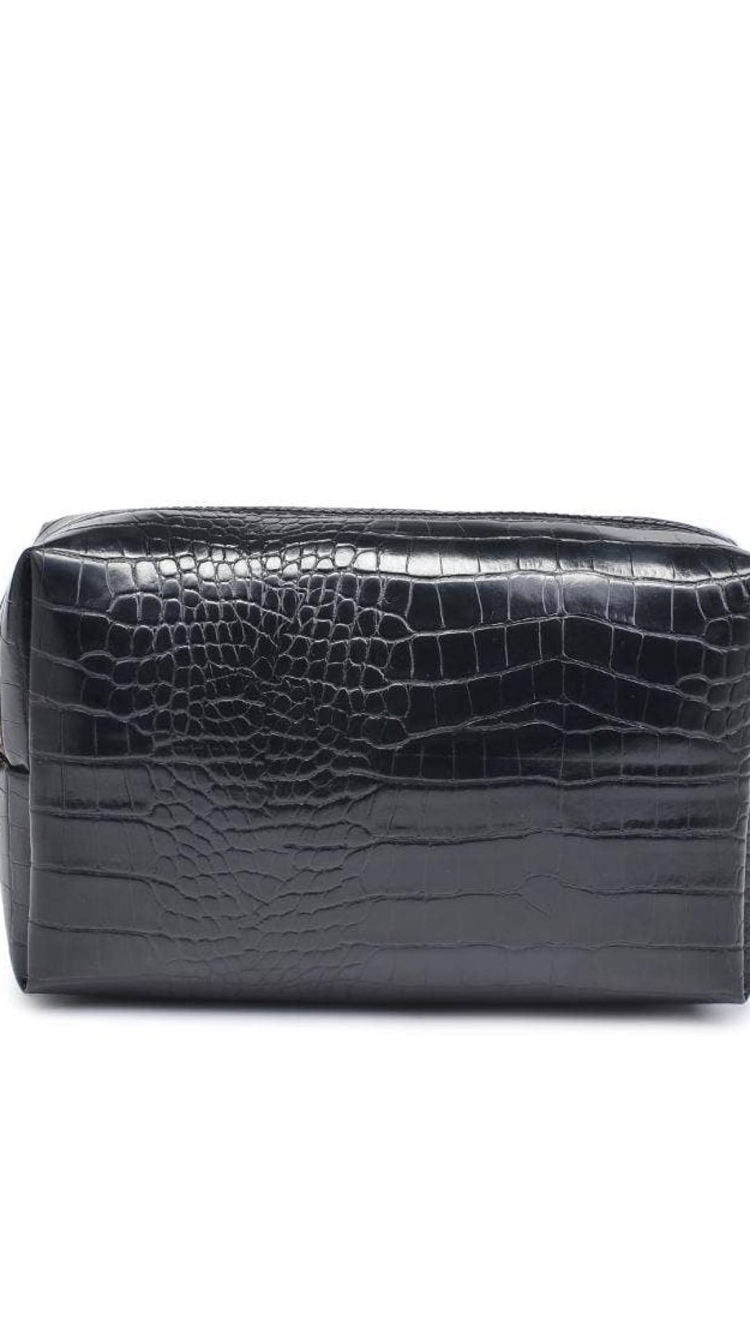Black crocodile-patterned leather cosmetic bag with gold zipper.