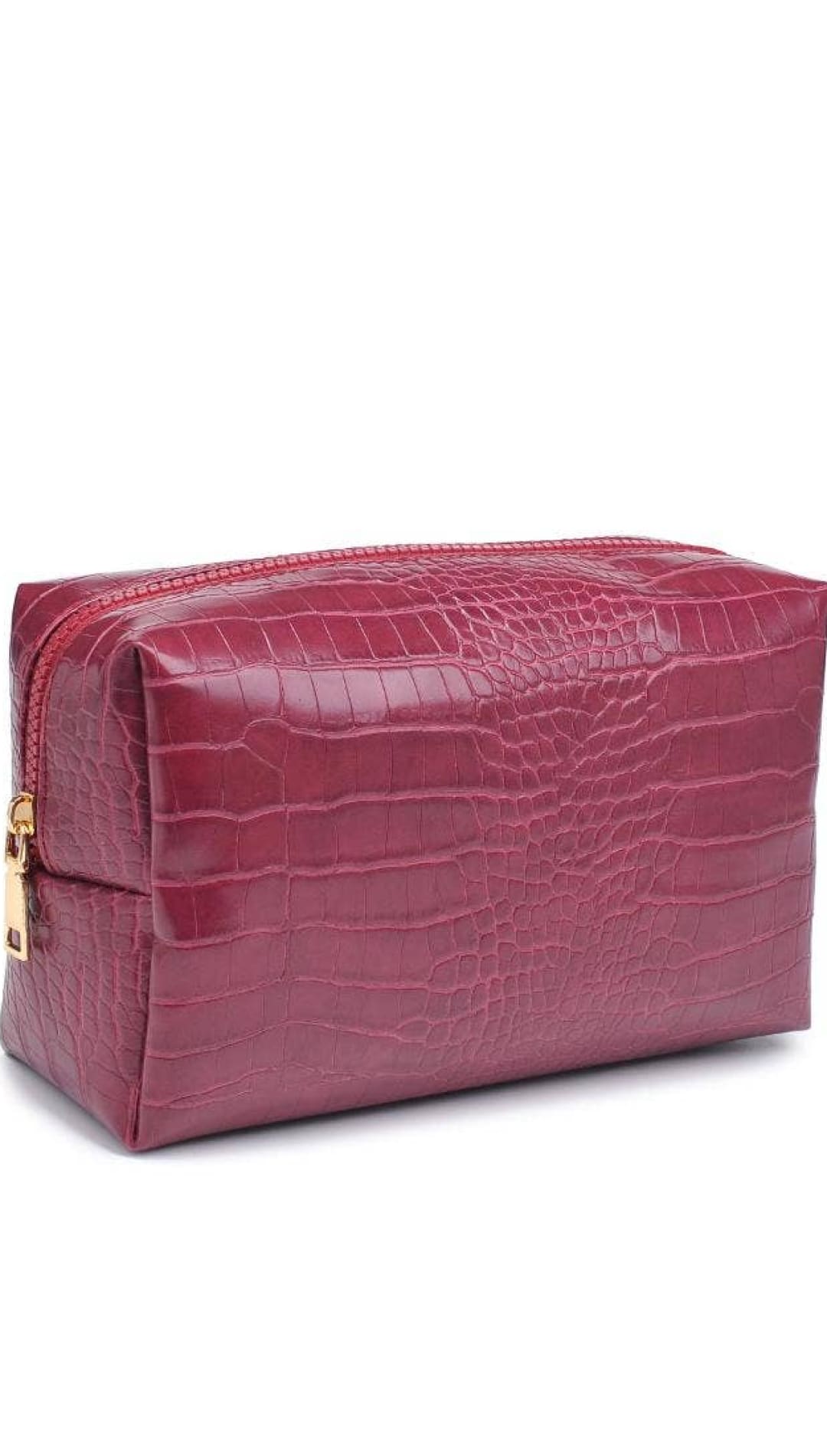 Crocodile-patterned burgundy leather cosmetic bag with gold zipper.