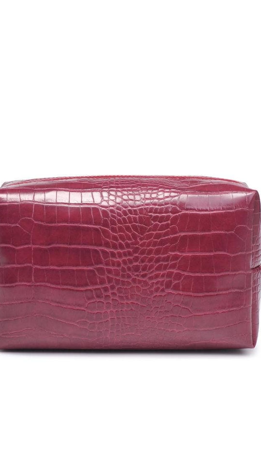 Crocodile-patterned purple leather cosmetic bag with zipper closure.