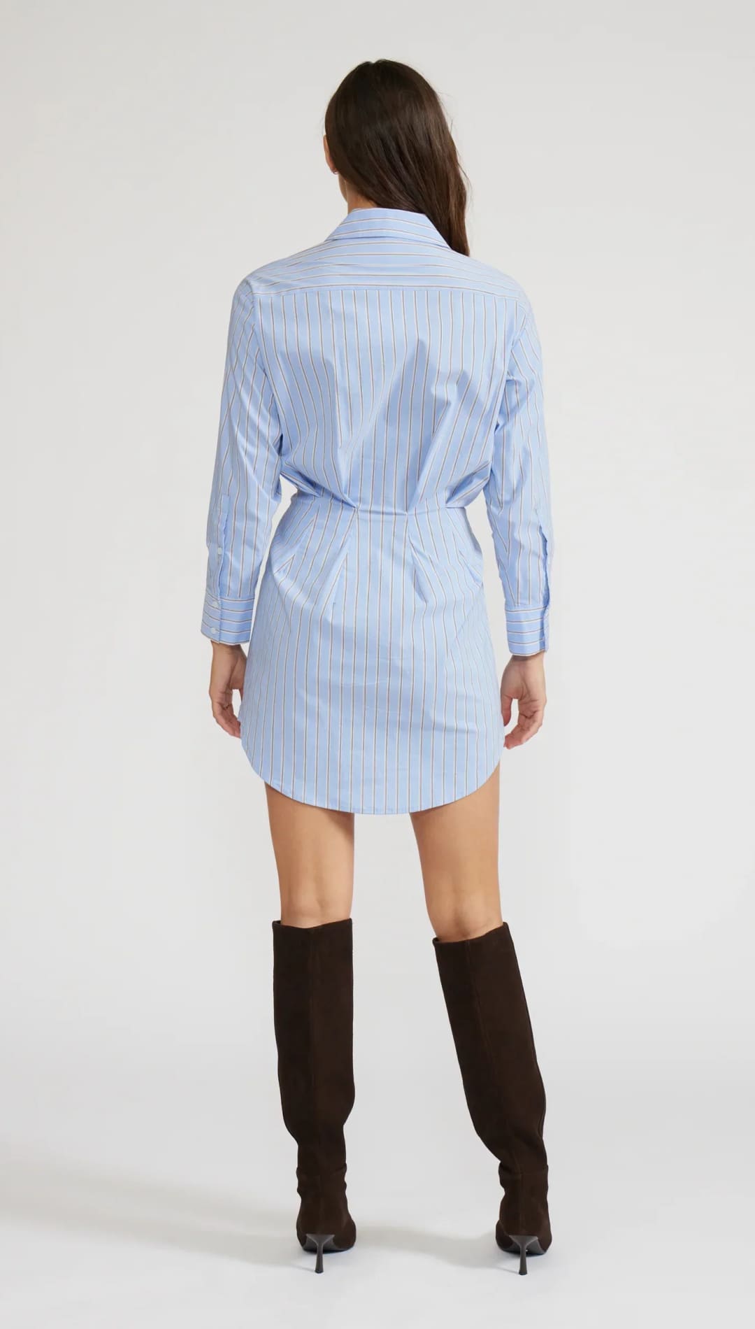 Light blue and white striped long-sleeve shirtdress with a cinched waist.