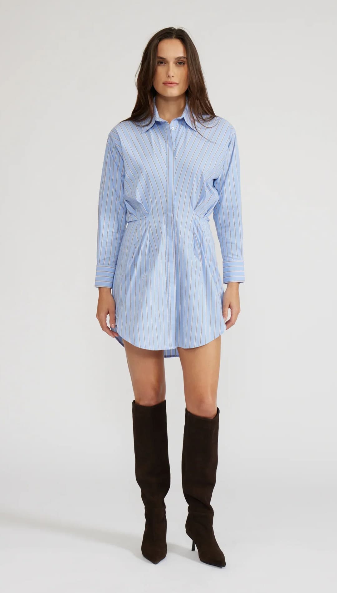 Light blue and white striped long-sleeve shirt dress with a cinched waist.