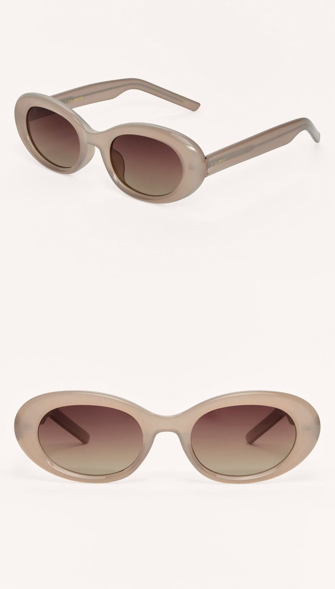 Light brown oval-shaped sunglasses with dark brown gradient lenses.