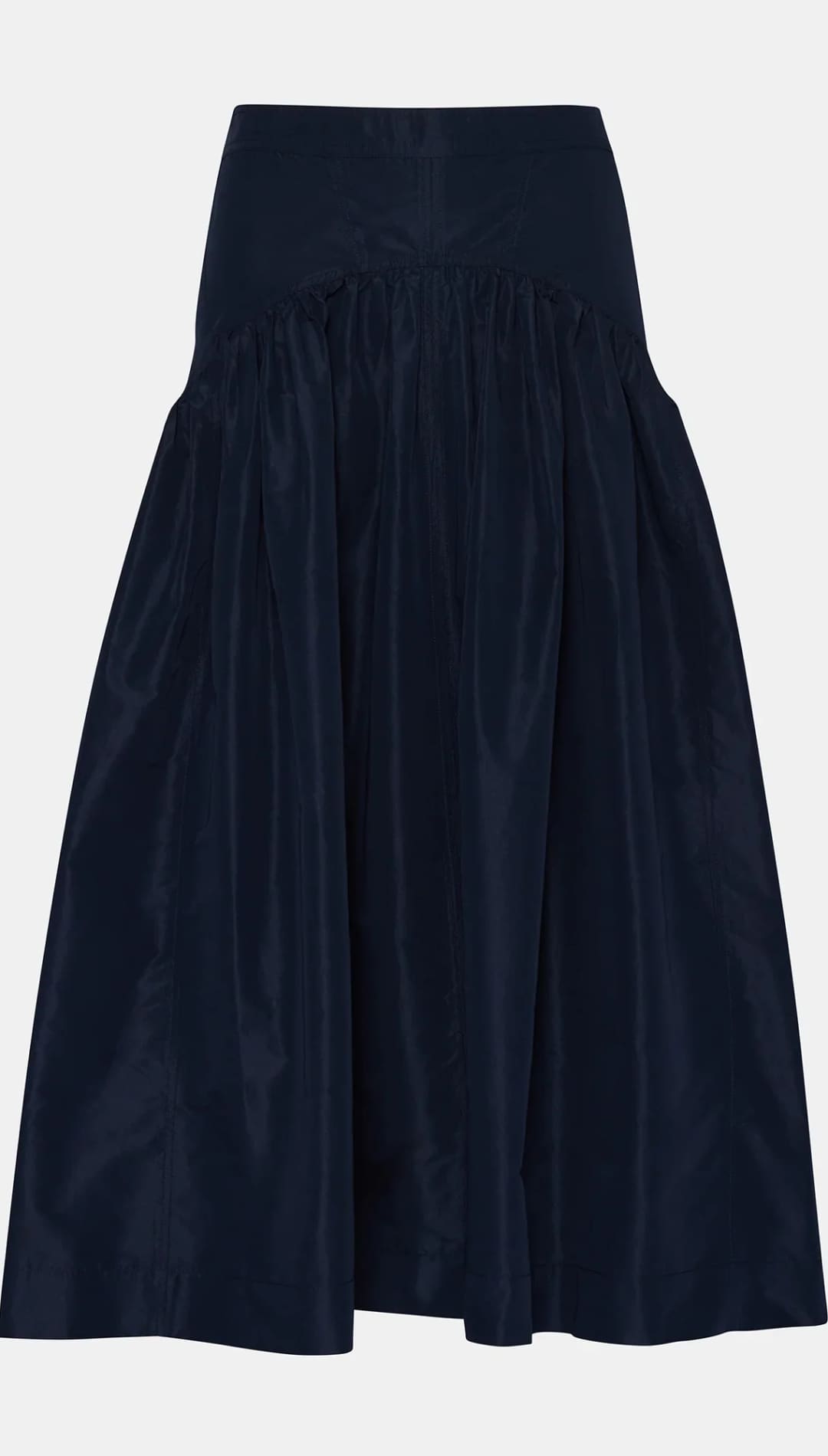 A-line midi skirt in dark blue with a wide, fitted waistband and gathered fabric.