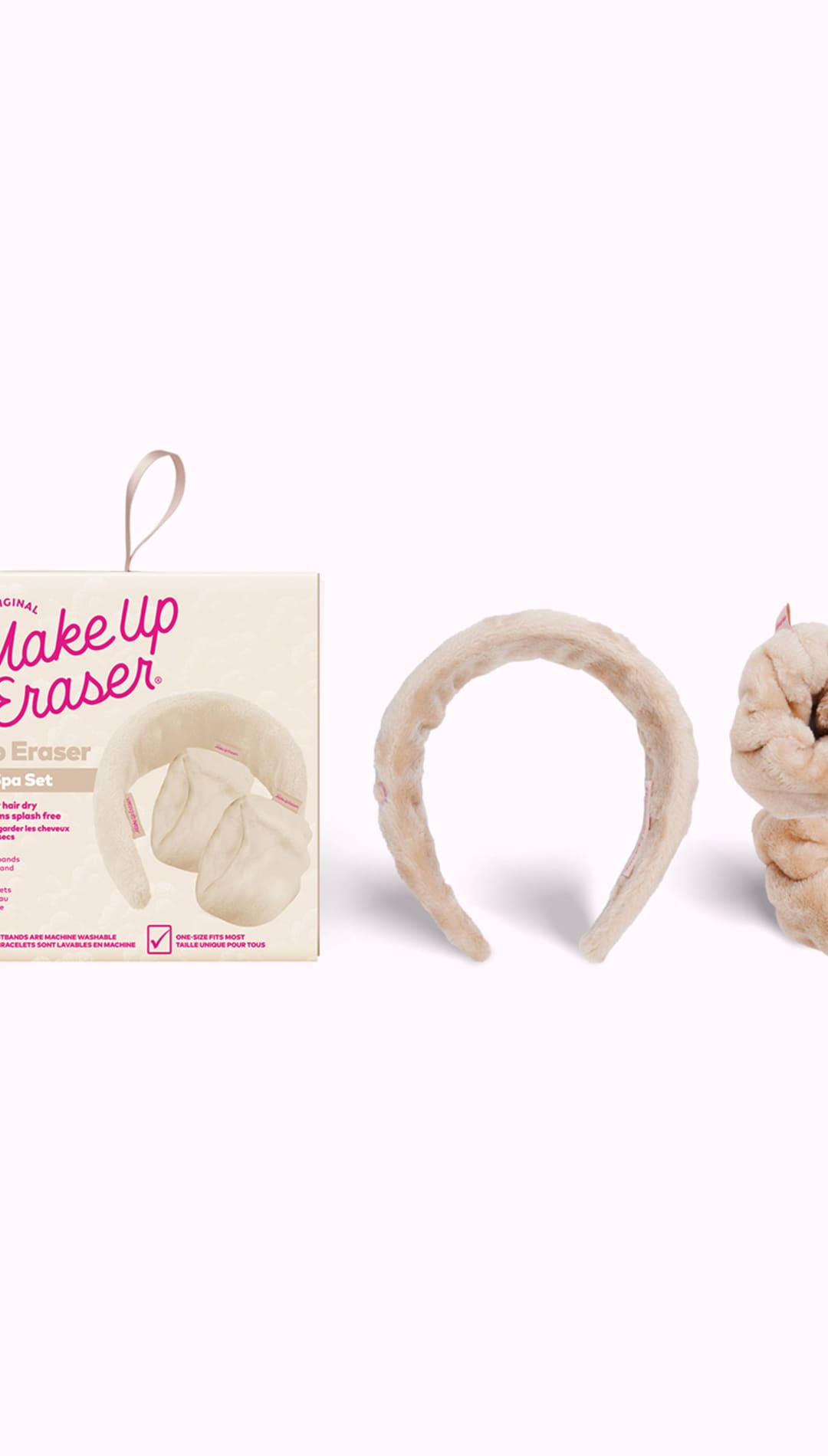 Makeup eraser headband with plush material and floral design, beige color.