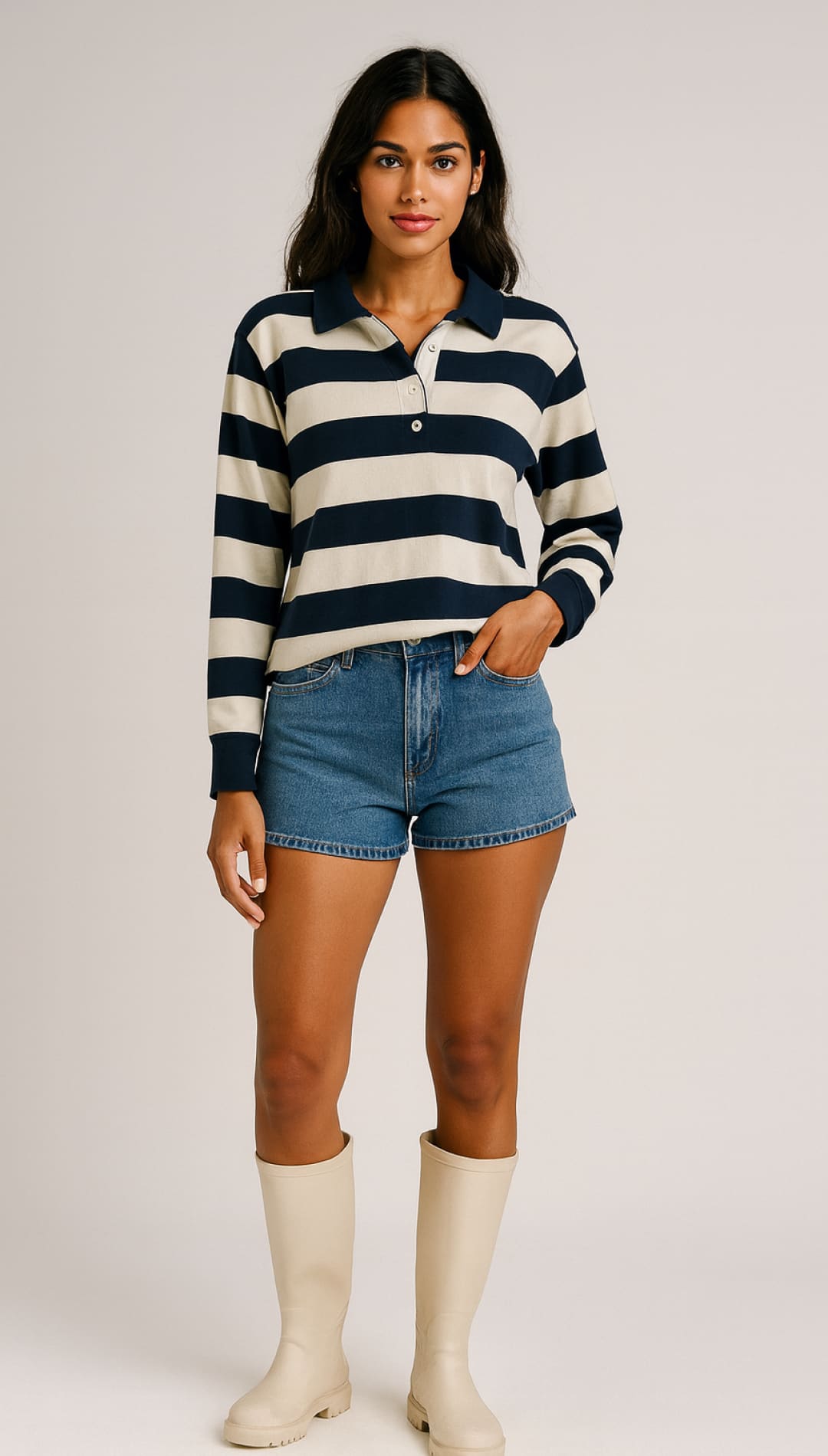 Women’s long-sleeve striped polo shirt with denim shorts and cream-colored boots.
