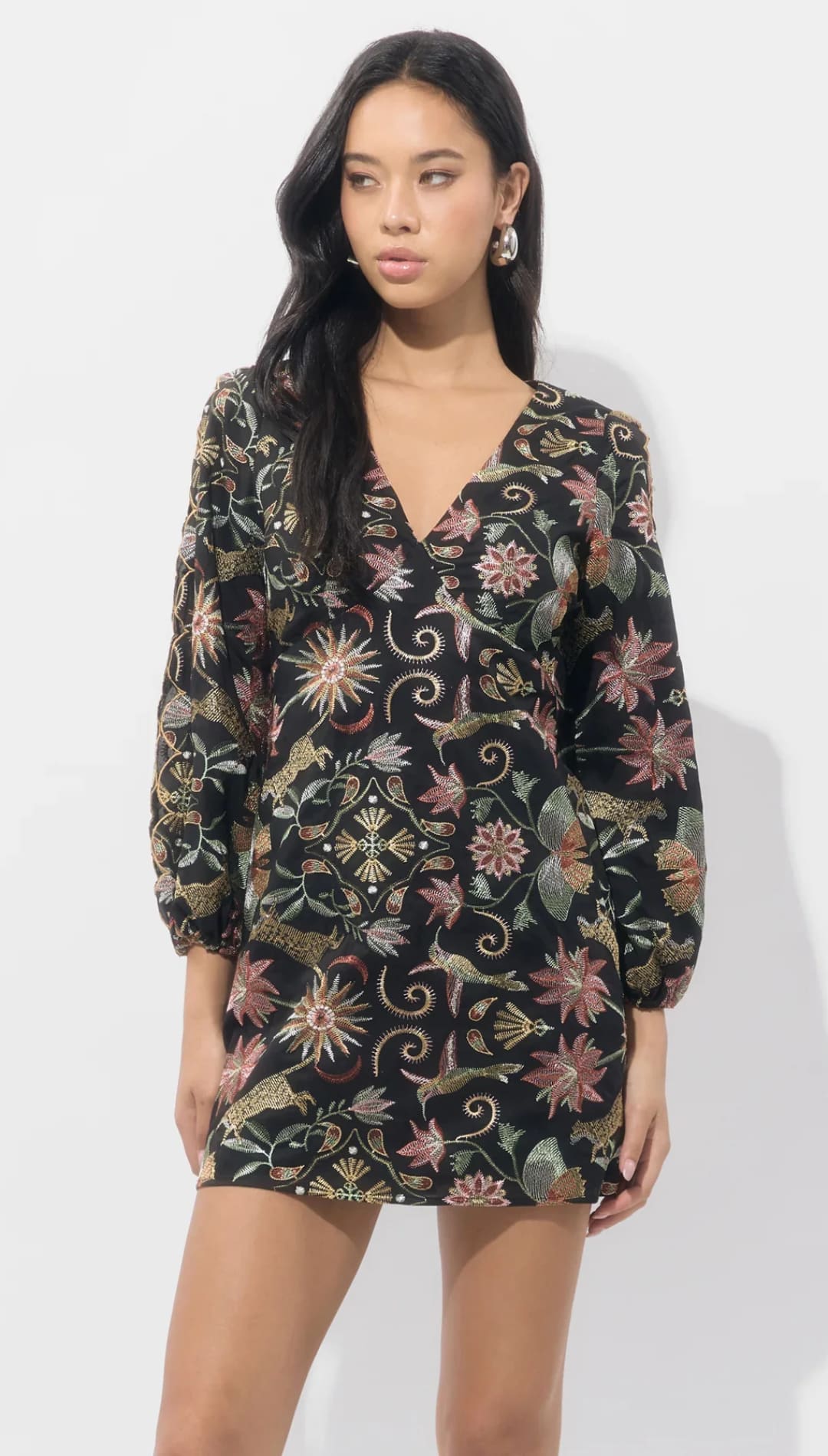 Black floral print mini dress with long sleeves and v-neck.