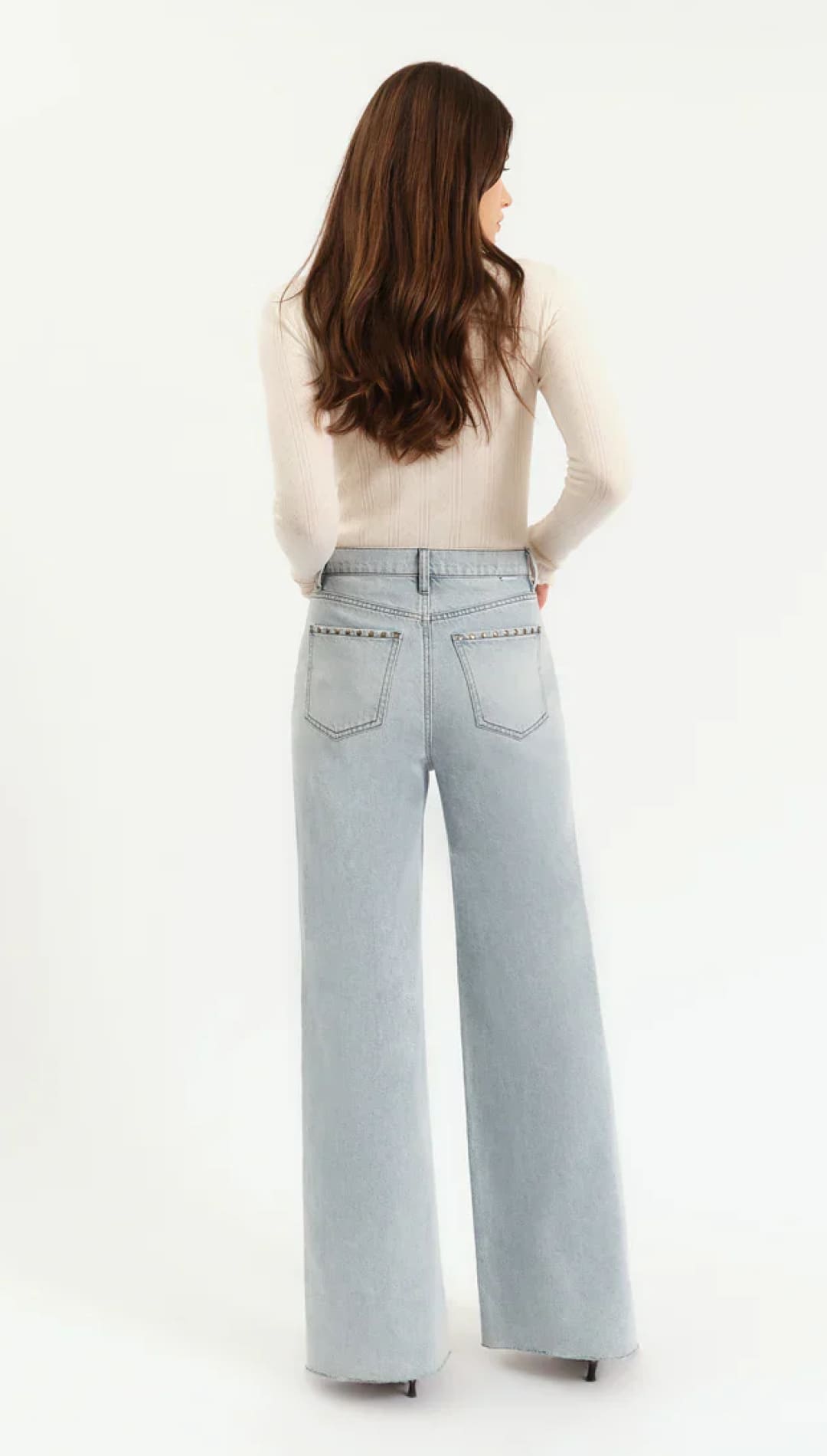 Light blue wide-leg jeans.