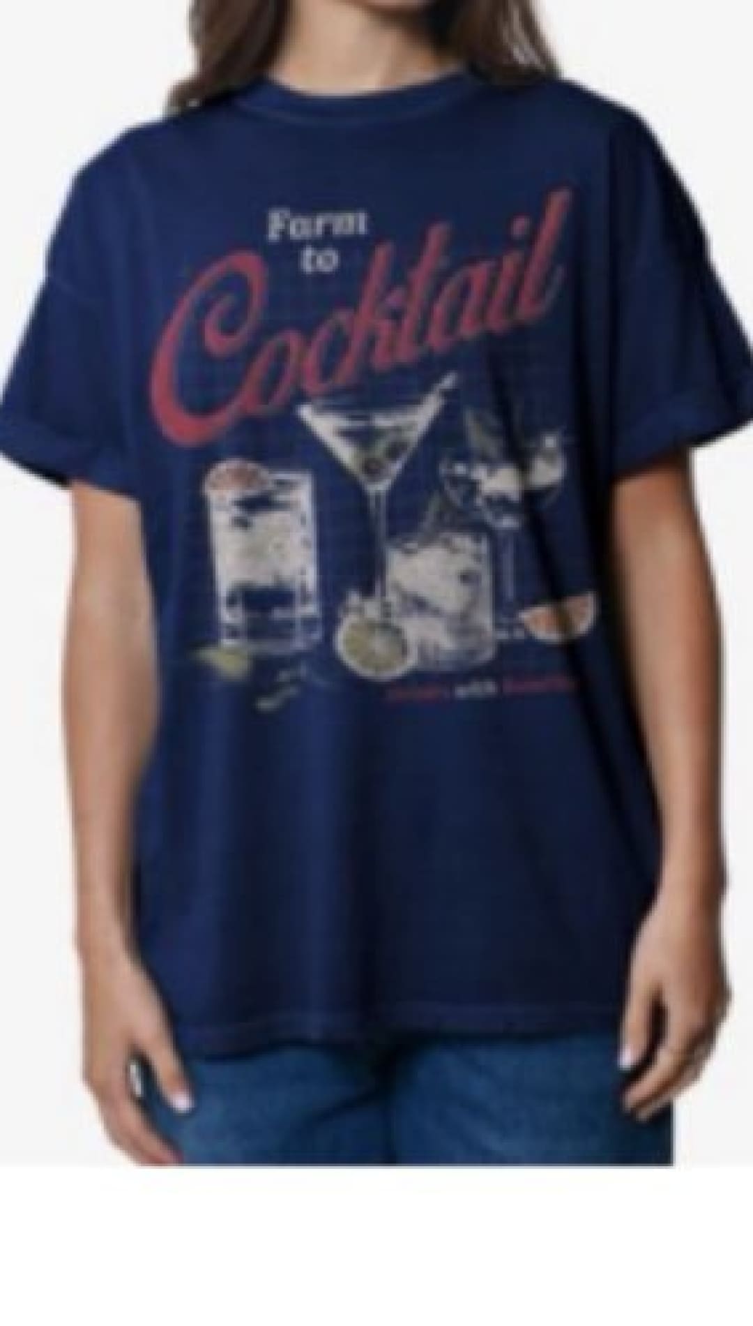 Navy blue short-sleeve t-shirt with a ’Farm to Cocktail’ graphic.