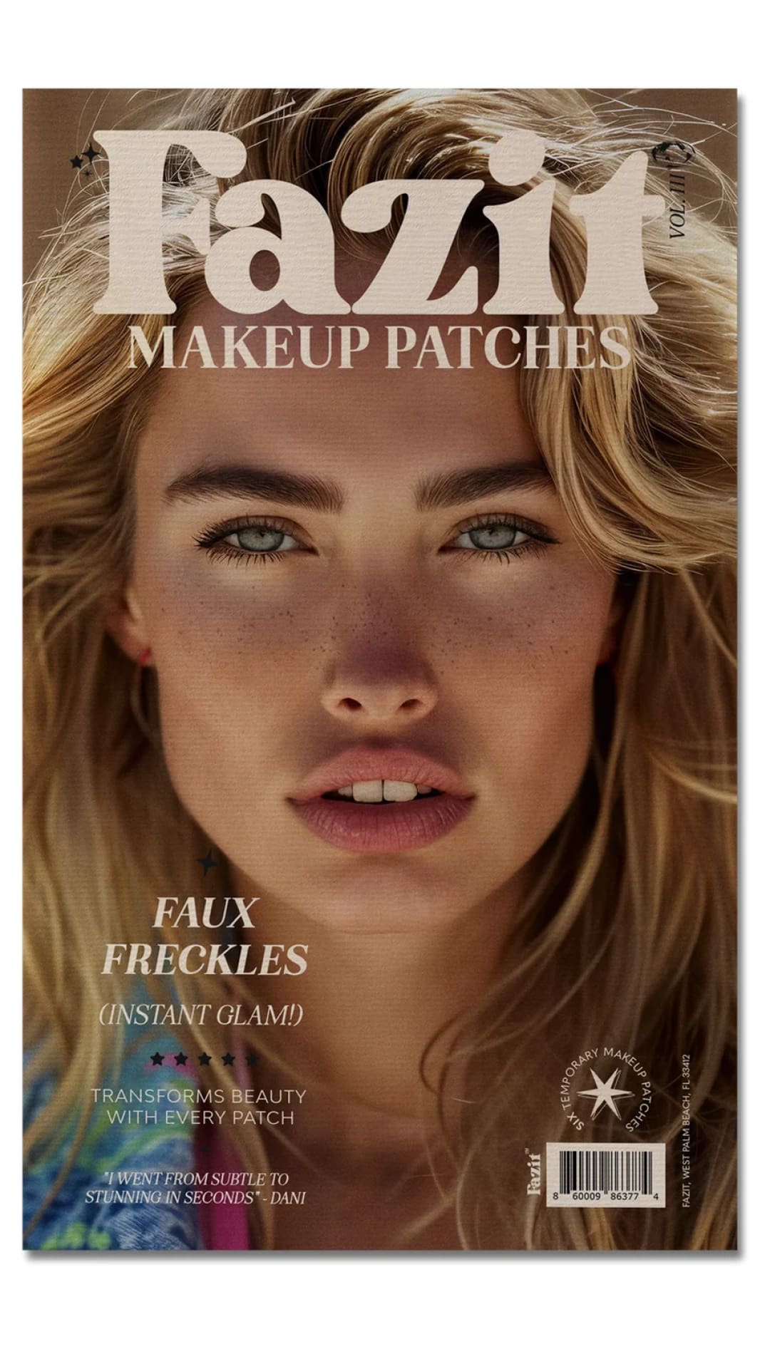 Magazine cover featuring a woman with faux freckles.