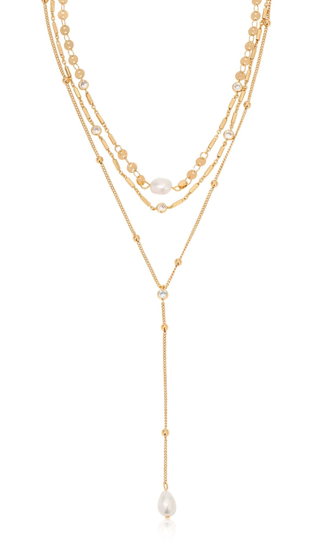 Gold-toned layered necklace with pearls.