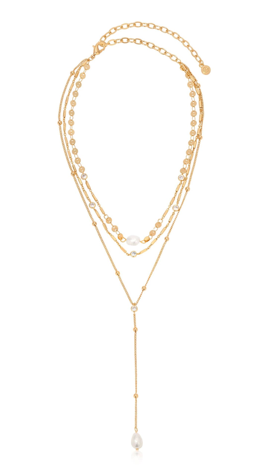 Gold-toned layered necklace with pearl accents.