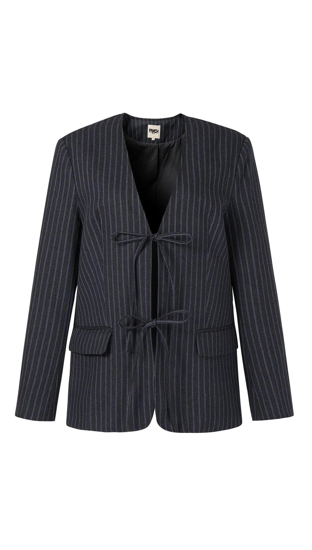 Dark pinstriped blazer with two front ties and two patch pockets.