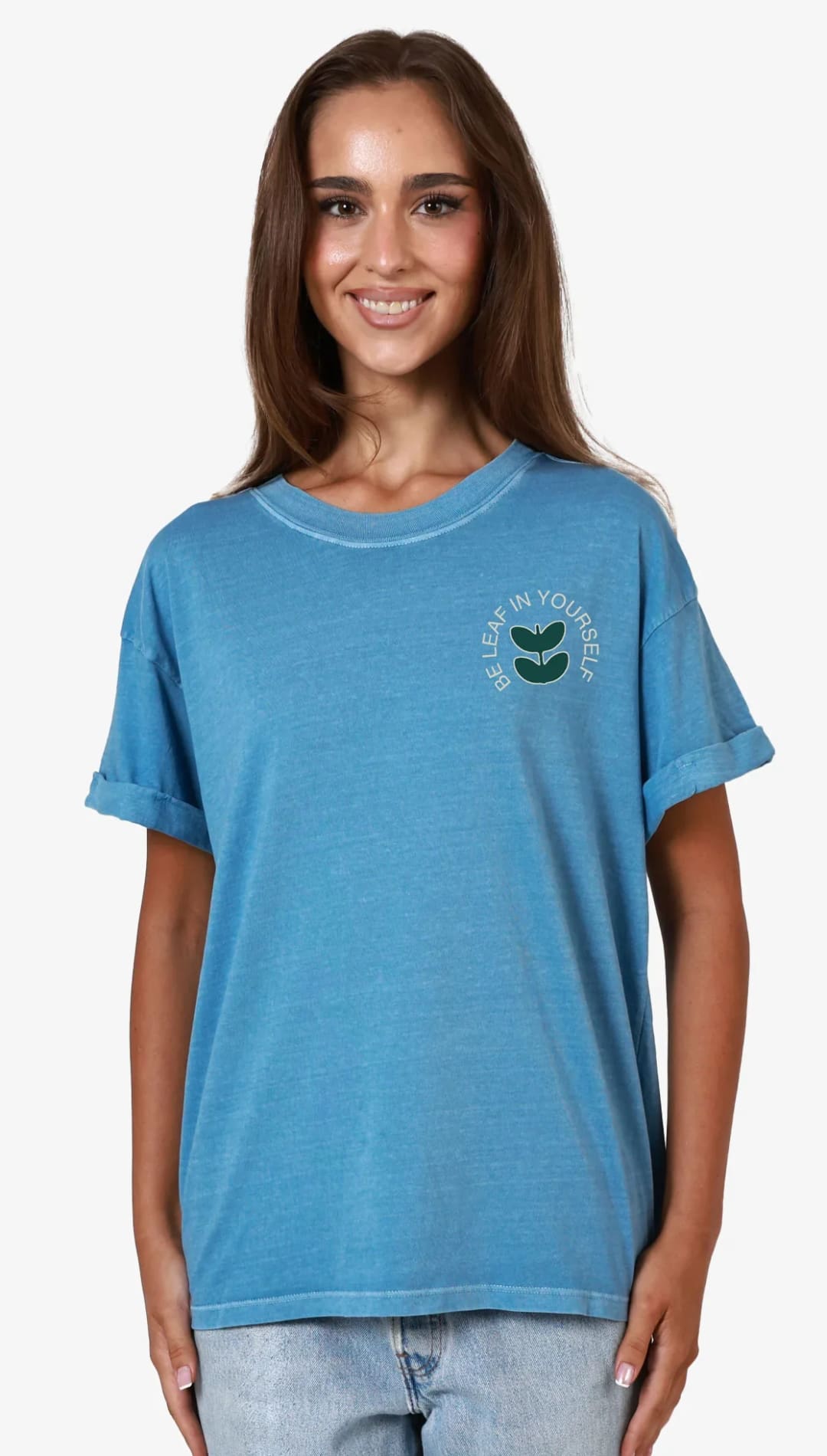 Blue t-shirt with rolled sleeves.