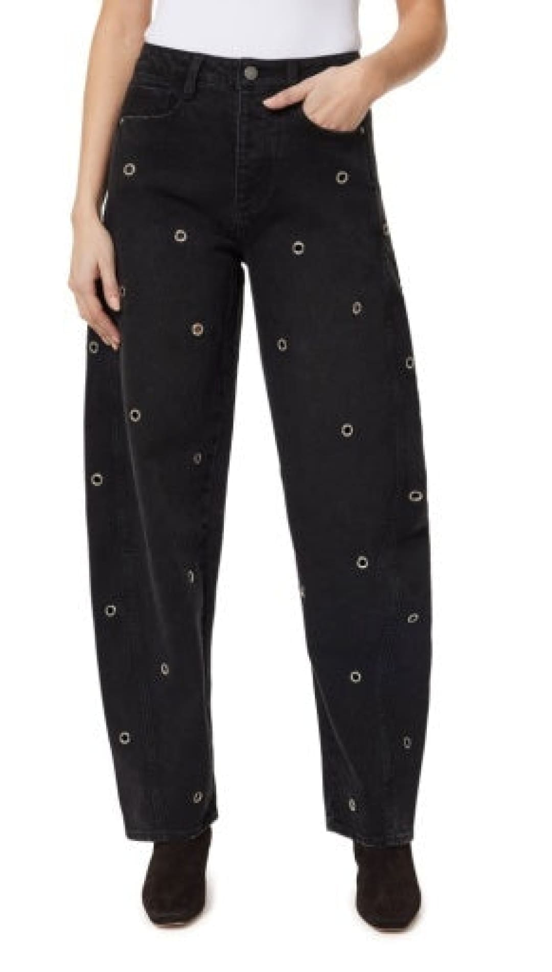 Black high-waisted jeans with eyelet details and a straight leg fit.