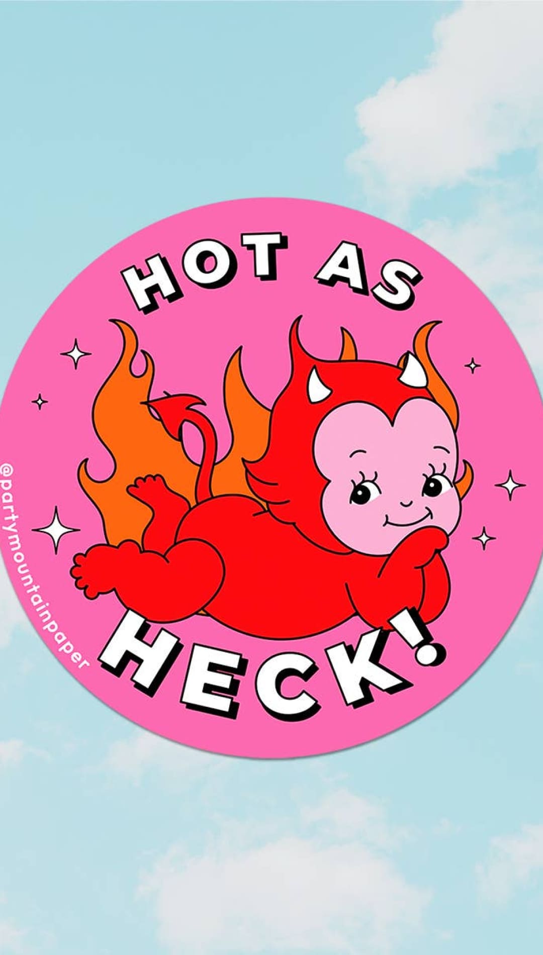 Pink sticker with cartoon devil.