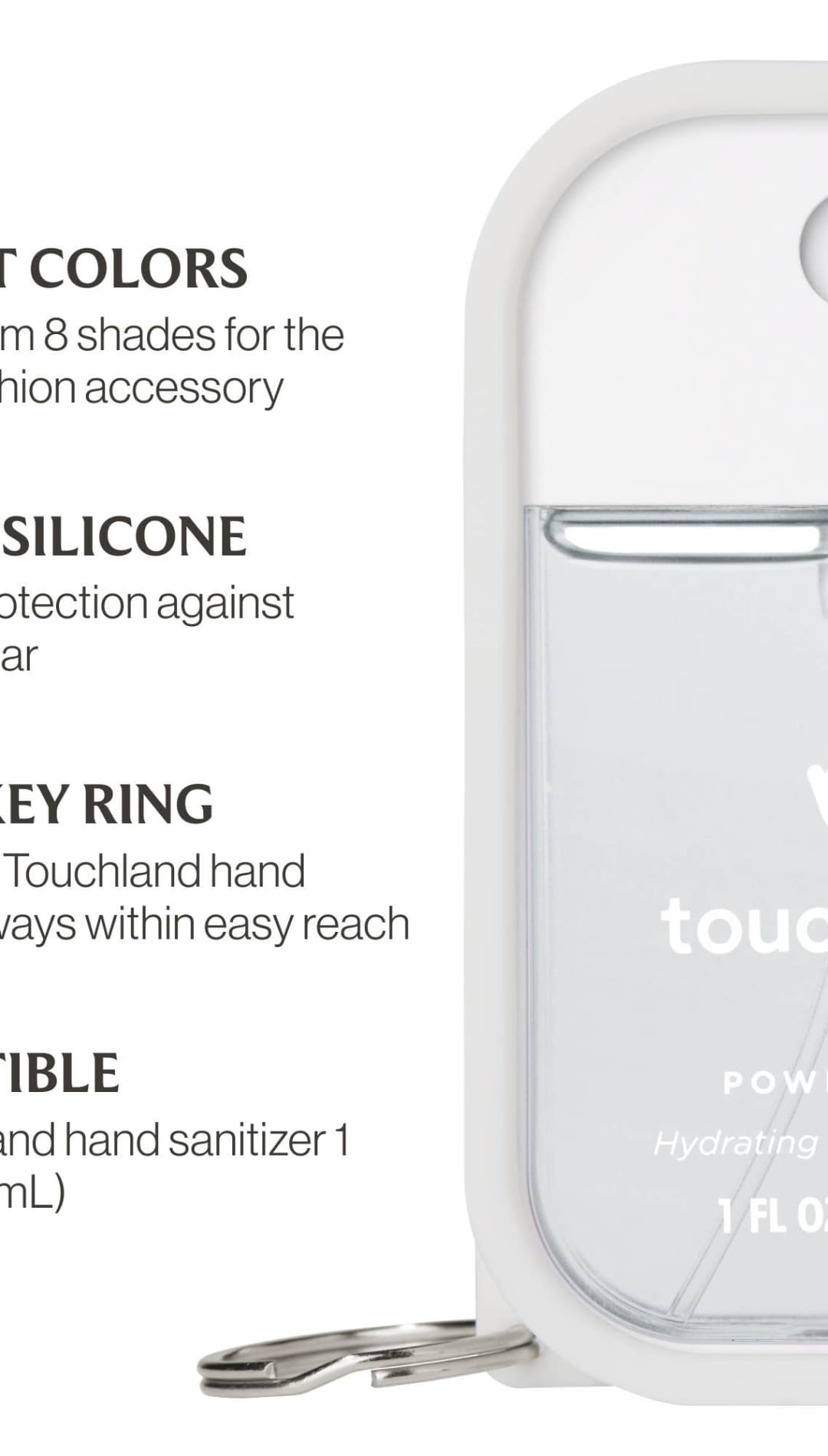 White silicone hand sanitizer holder with metal key ring and clear plastic window for touchland brand