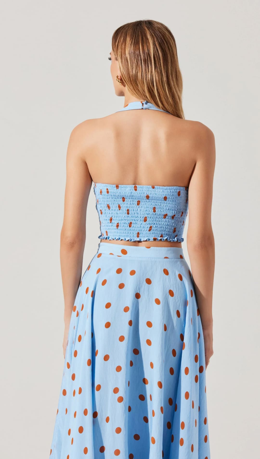 Light blue polka dot skirt and halter top set.