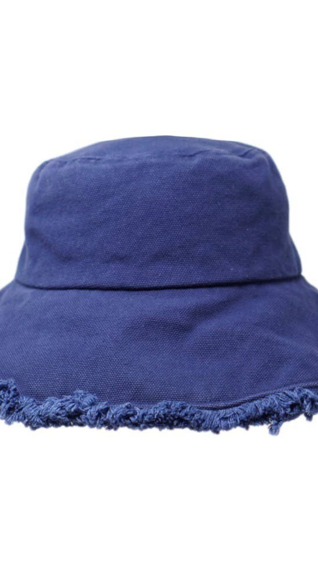 Blue denim bucket hat with frayed brim.