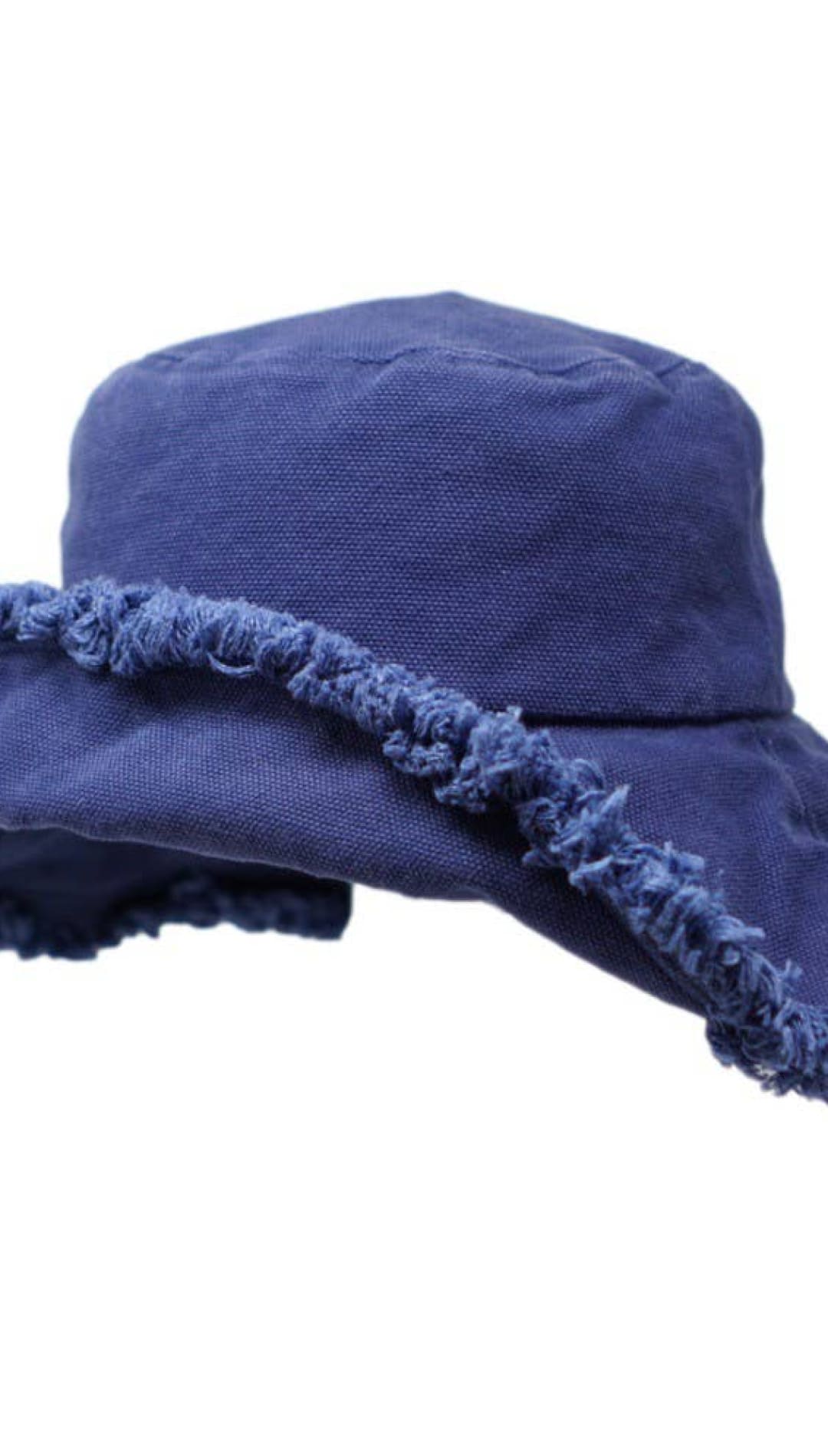 Blue denim sun hat with frayed brim.
