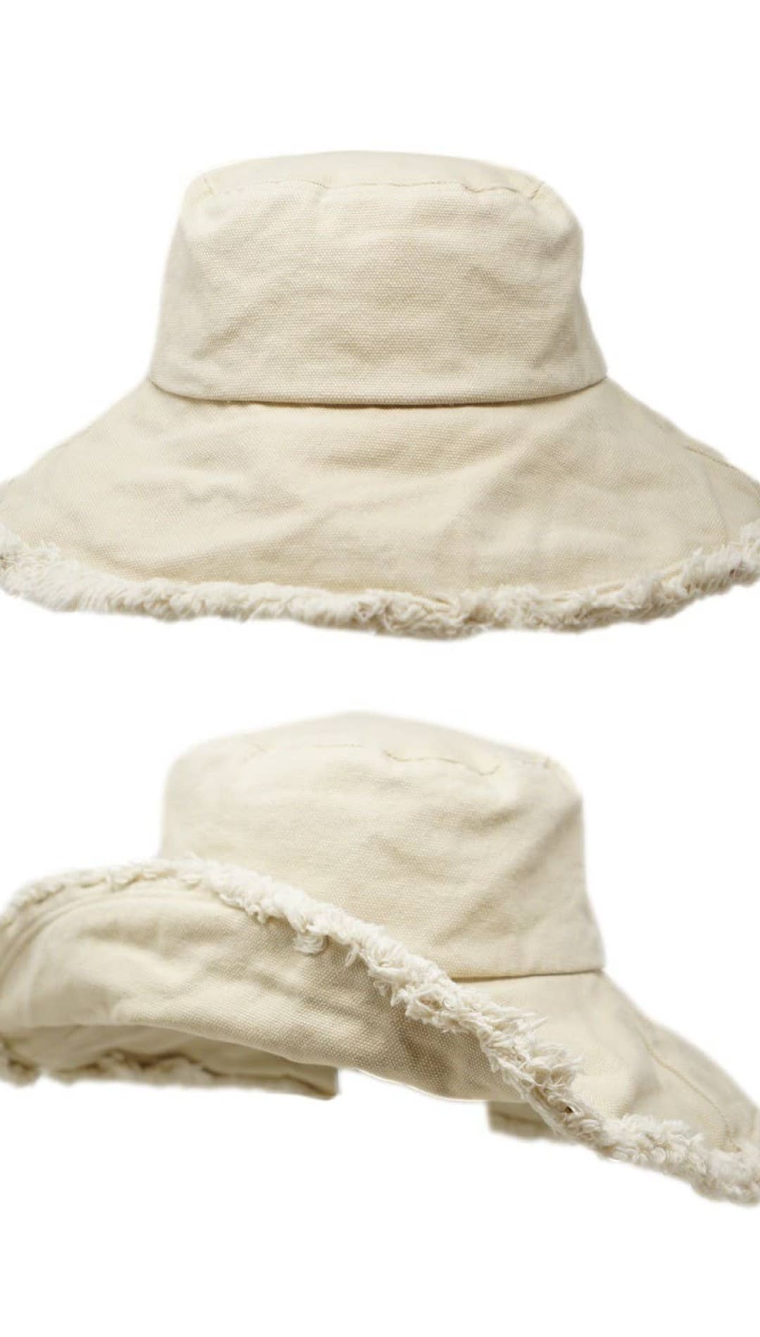 Two beige bucket hats with frayed edges.