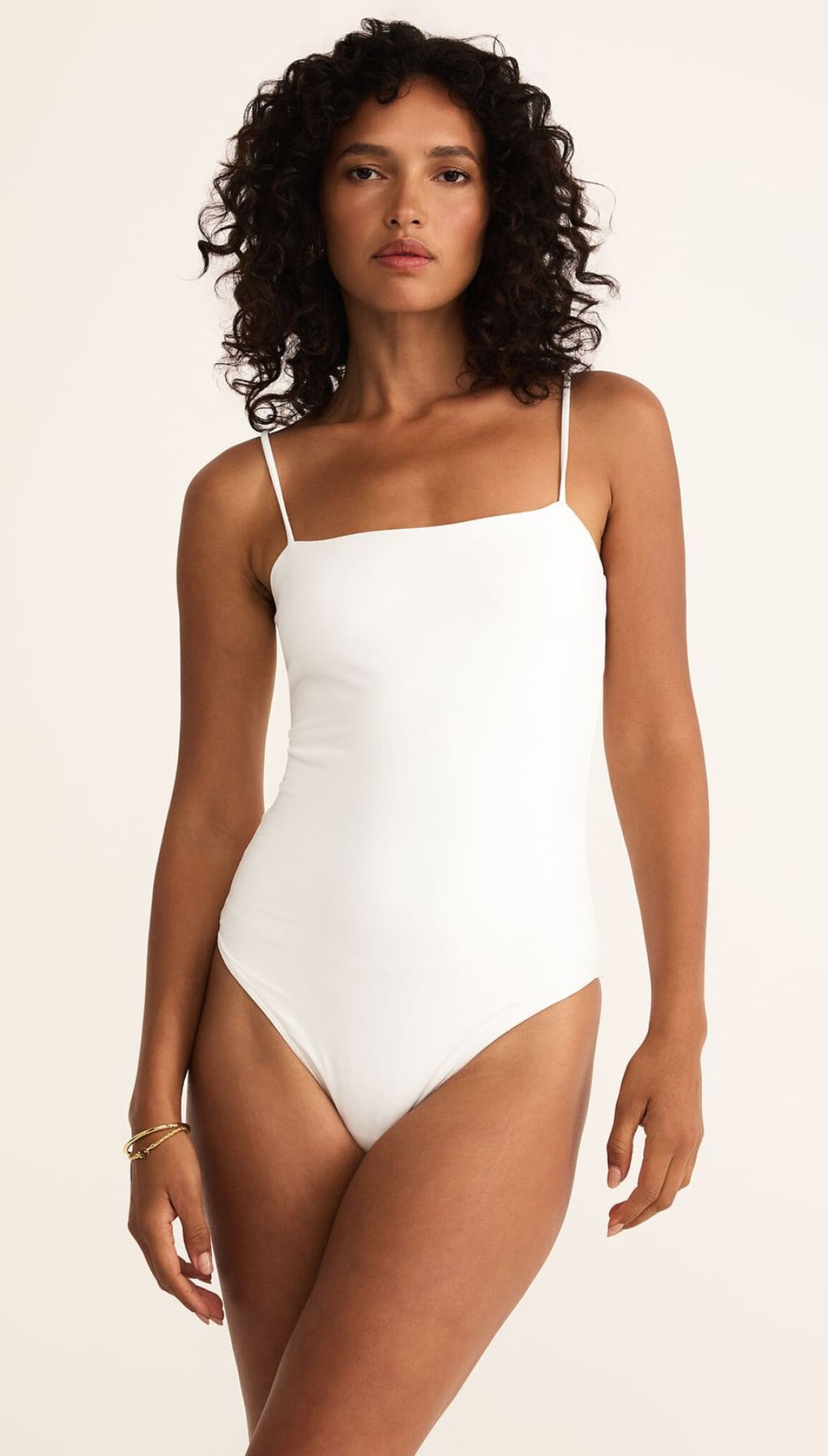 White one-piece swimsuit.