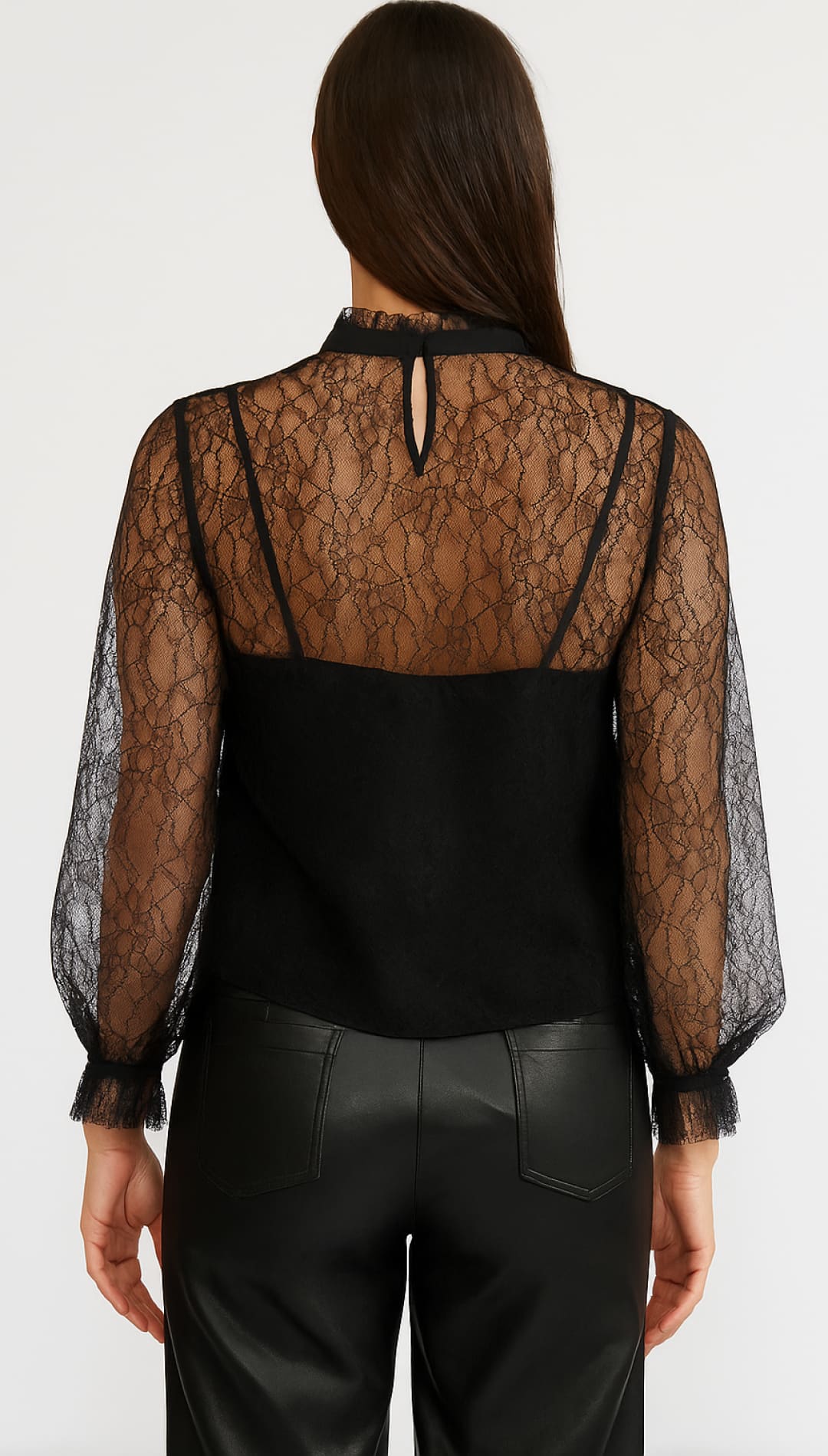 Black lace blouse with sheer sleeves and a high neckline.