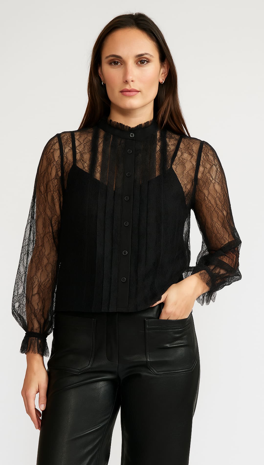 Black lace blouse with sheer sleeves and button-down front.