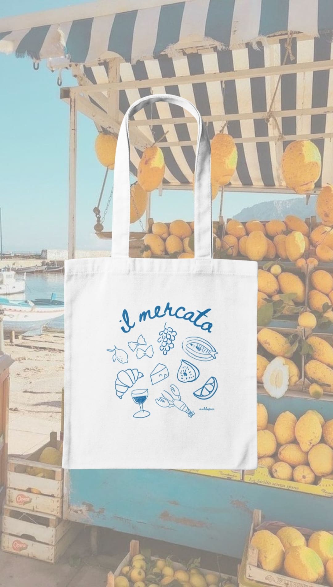 White tote bag with blue food illustrations.