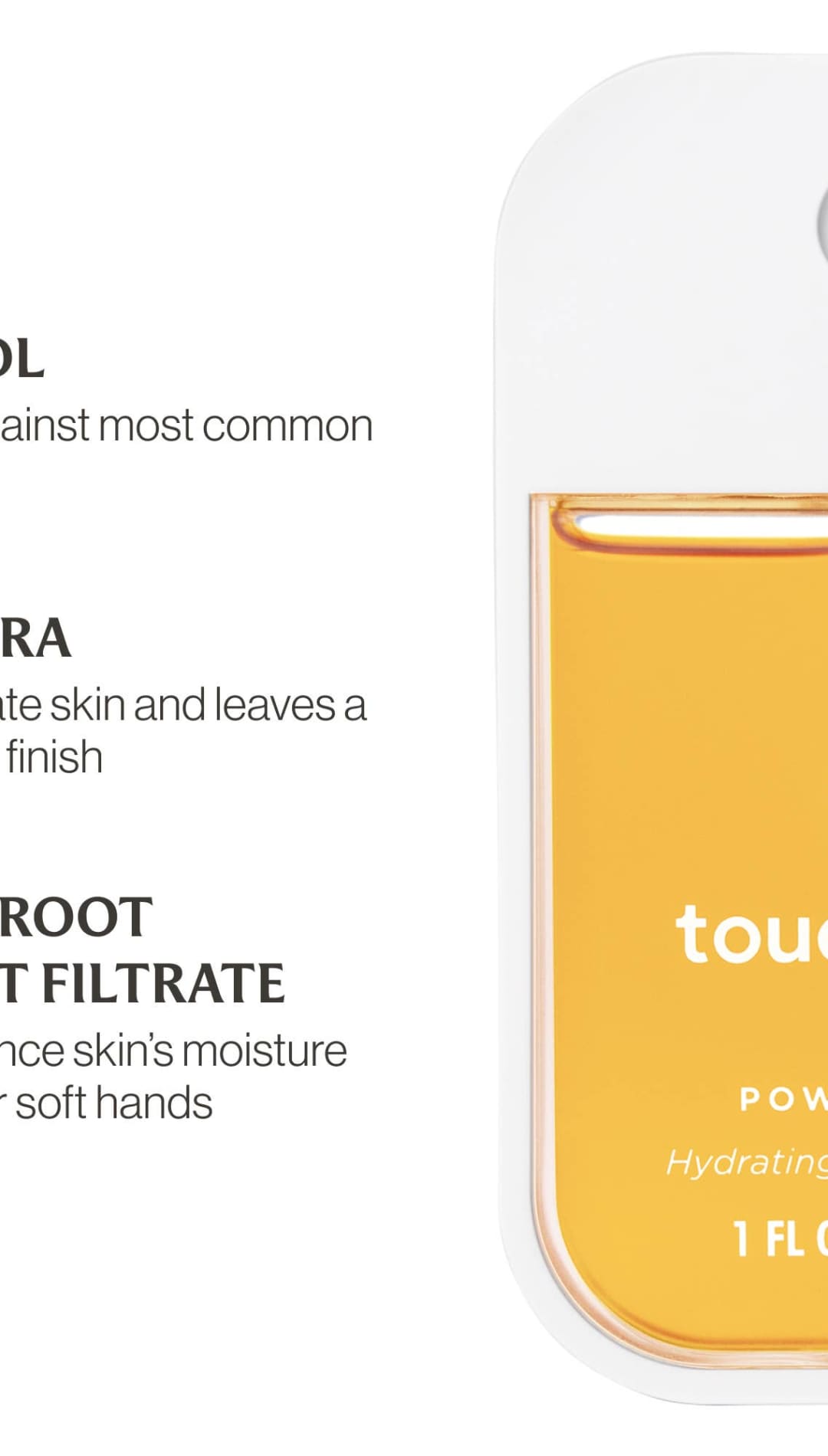 Touchland power mist hydrating hand sanitizer in a clear plastic bottle with orange liquid, featuring a white cap and label.